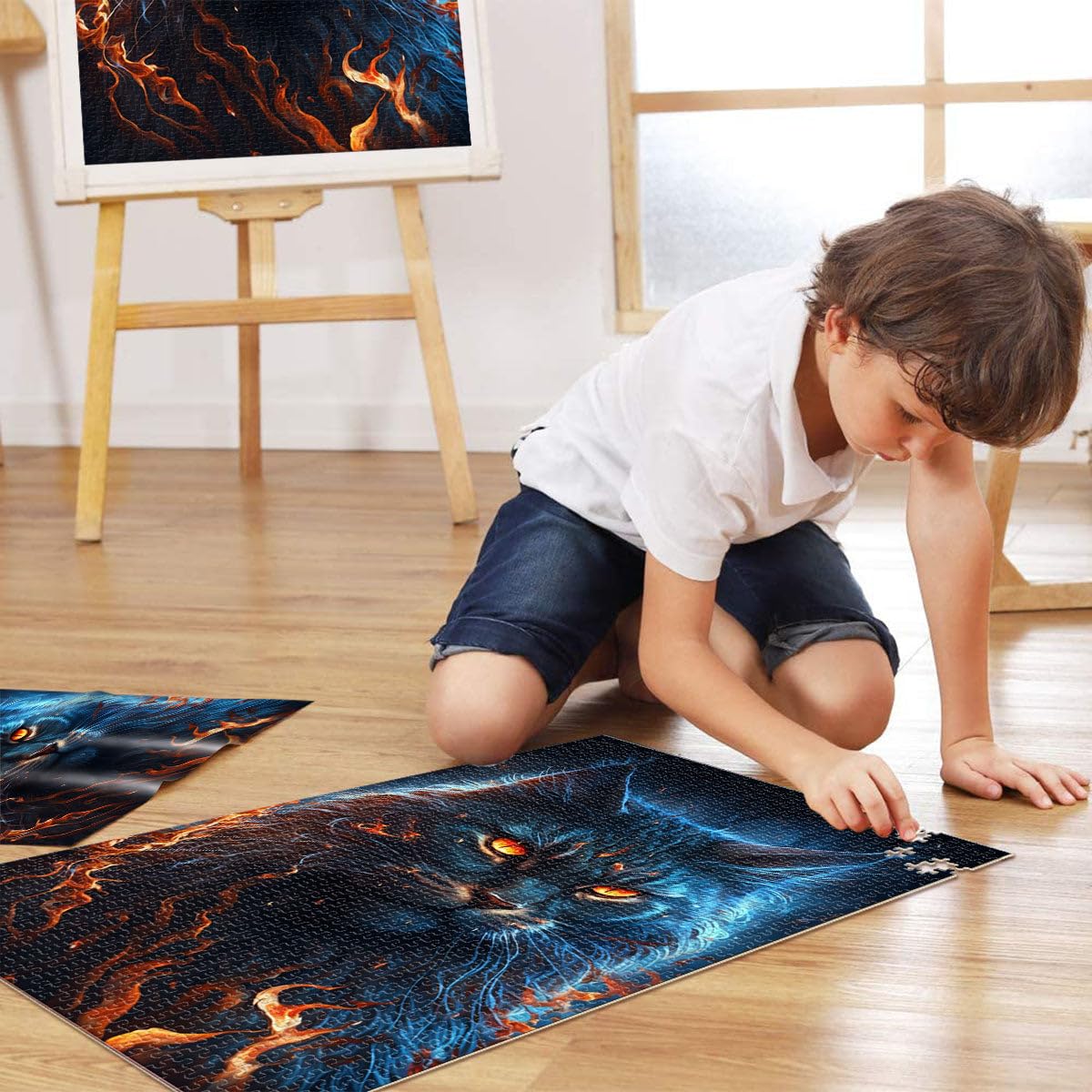 Puzzle per adulti 2000 pezzi Maine Coon Cat Fire rompicapo Puzzle 70 x 100 cm con pezzi completamente ad incastro di forma casuale