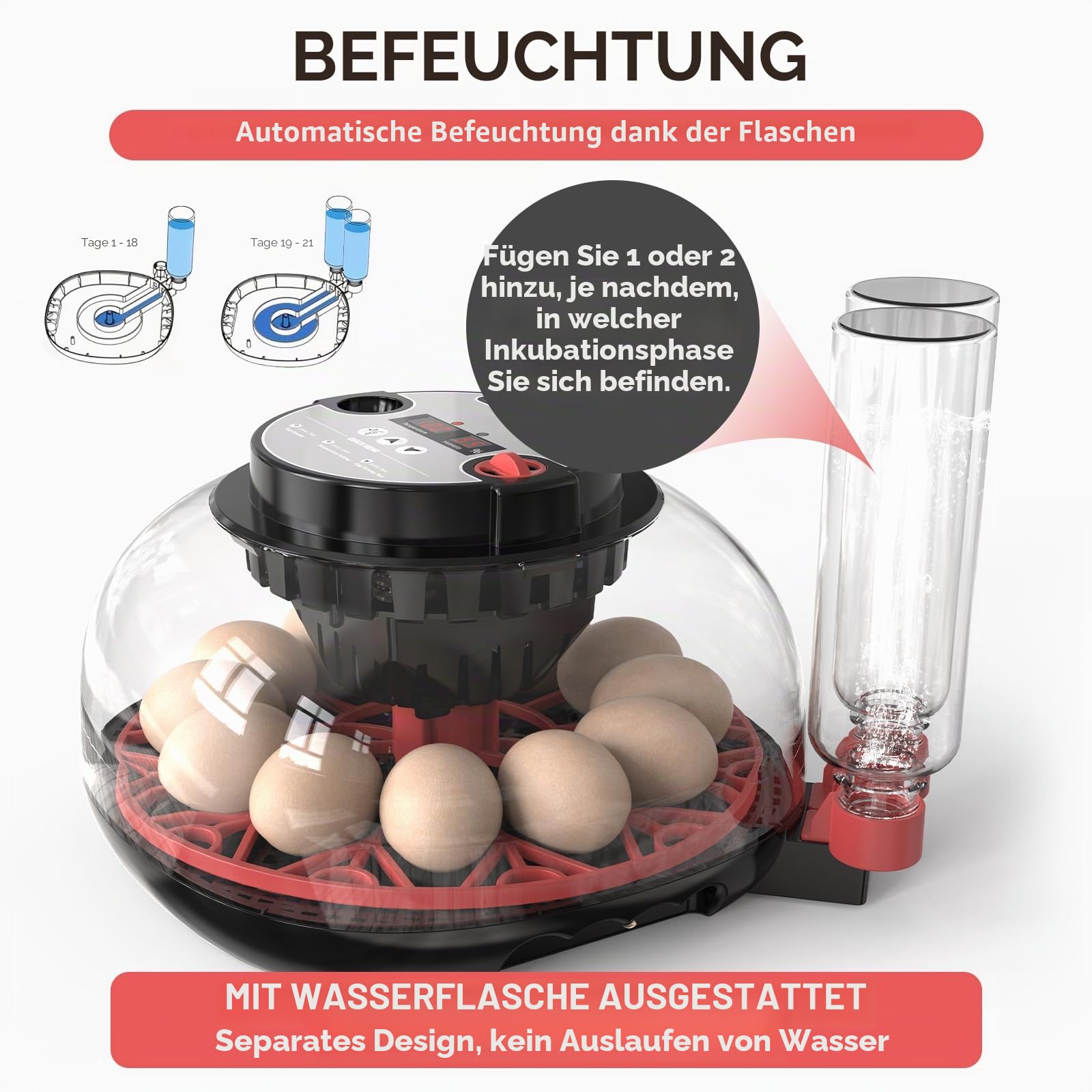 brutautomat vollautomatisch, Inkubator für 12 Eier mit automatischer Umdrehung von Eiern und automatischer Befeuchtung, Inkubator für Hühnereier, Wachtel, Ente mit Eierlampe