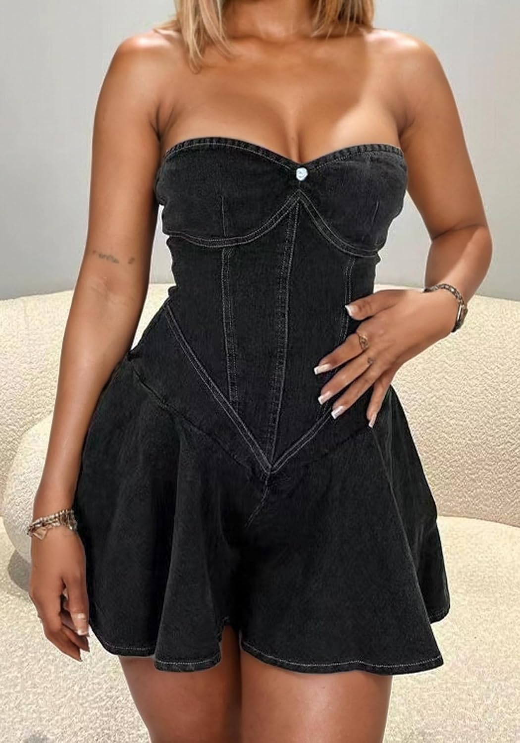 DINGANG Womens Y2K Strapless Denim Mini Dress Off Shoulder Corset Tube Pleated Ruffle Party Jean Dresses - Image 5