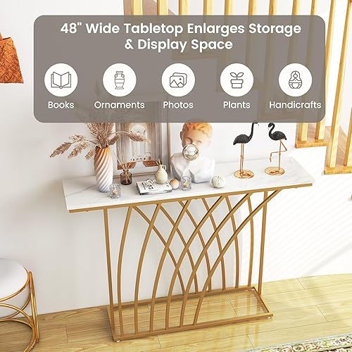 Miniatura 4 de GOFLAME Mesa consola dorada de 48 pulgadas, mesa de entrada moderna con mesa de mármol sintético blanco, base geométrica, mesa de sofá larga y