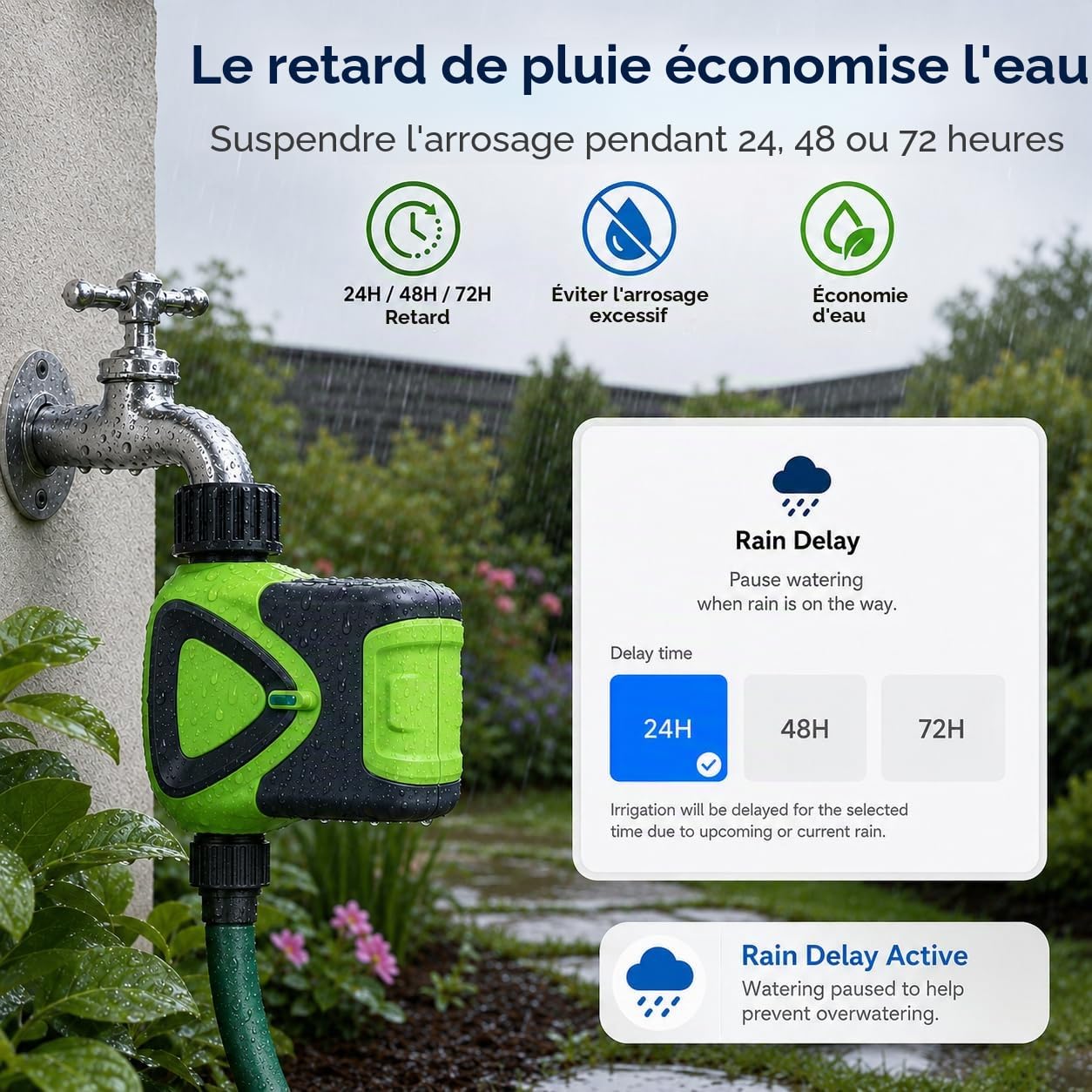 Programmateur d'Arrosage WiFi sans Hub, Minuterie d'Arrosage Connectée avec Contrôle par App 2,4 GHz, Arrosage Automatique, Compte à Rebours, Programmation, IP65 pour Jardin Pelouse Serre