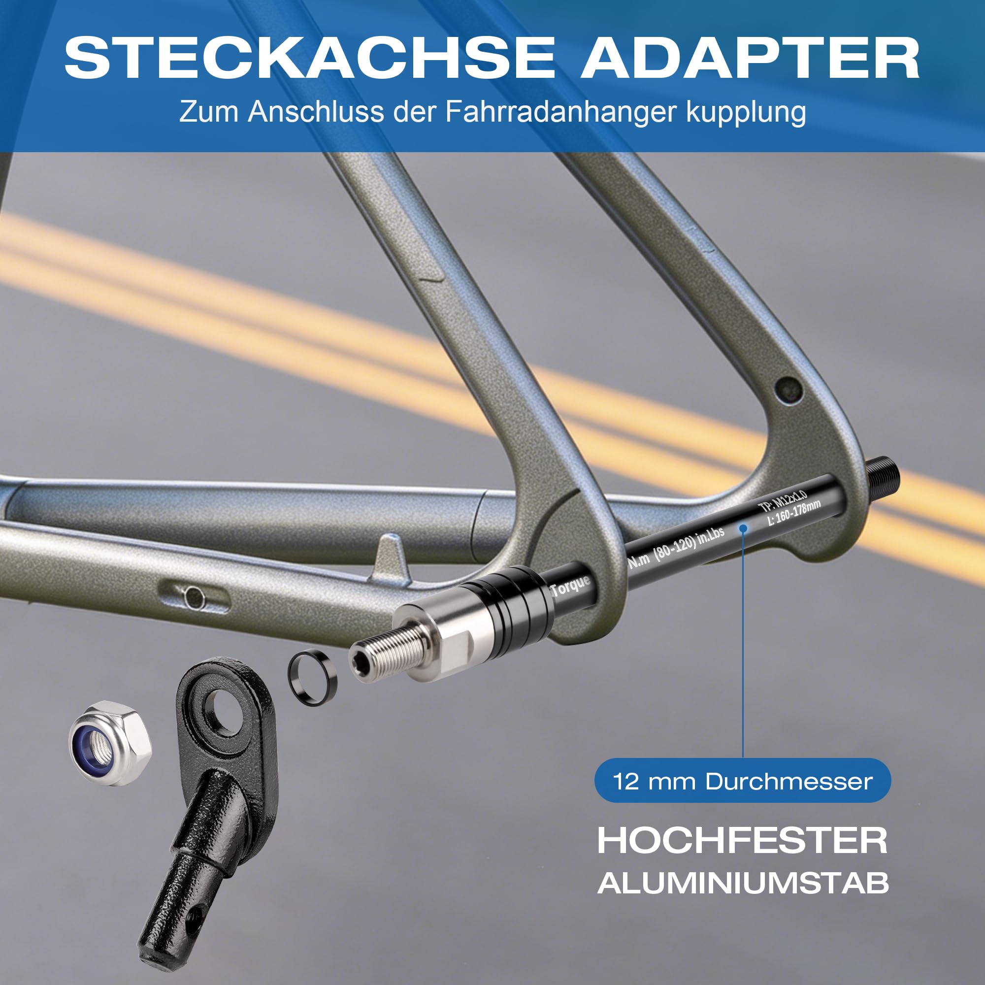 Asse passante da 12 mm per rimorchi bicicletta – Adattatore asse posteriore filettatura M12 x 1,0 gancio traino MTB bici corsa gravel bike nero