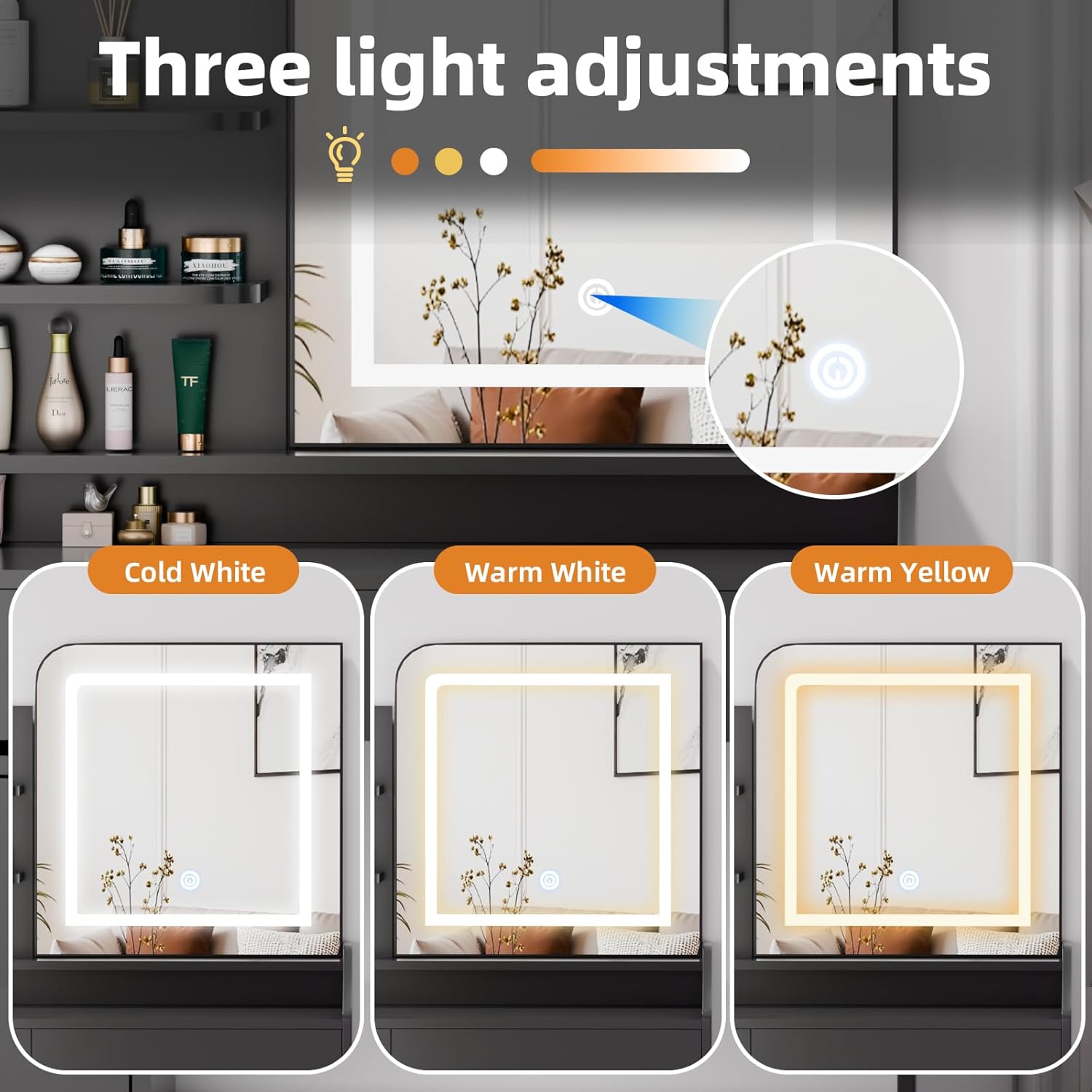 Oiroporz Makeup Vanity Desk with LED Mirror & Movable Storage Cabinet, 3-Tier Open Shelves, 5 Drawers, Adjustable 3-Color Lighting for Bedroom Black -(Mobile Style)