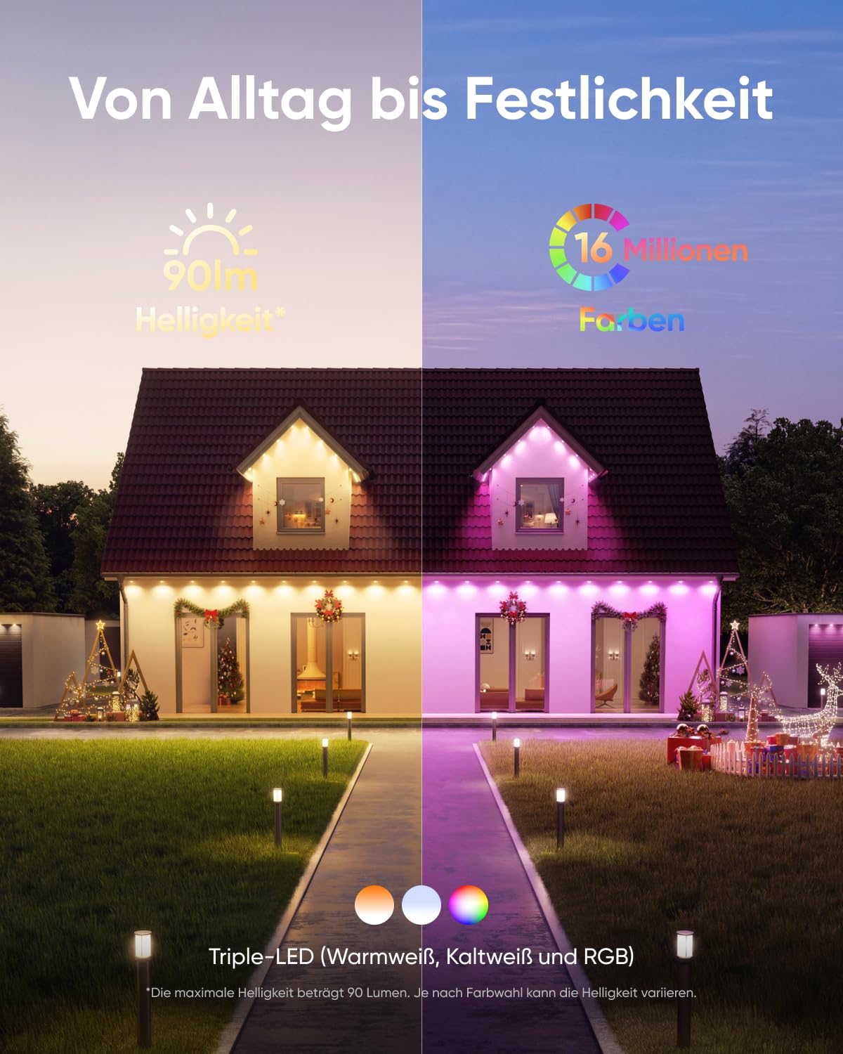 eufy Permanent Outdoor Light E22, 30m mit 60 Triple-LEDs, Smarte RGBWW-Lichter, Alltag & Festtage, bis zu IP67 Wasserdicht, KI-Beleuchtungsthemen für Weihnachten, Kamera-Kompatibel, App-Steuerung