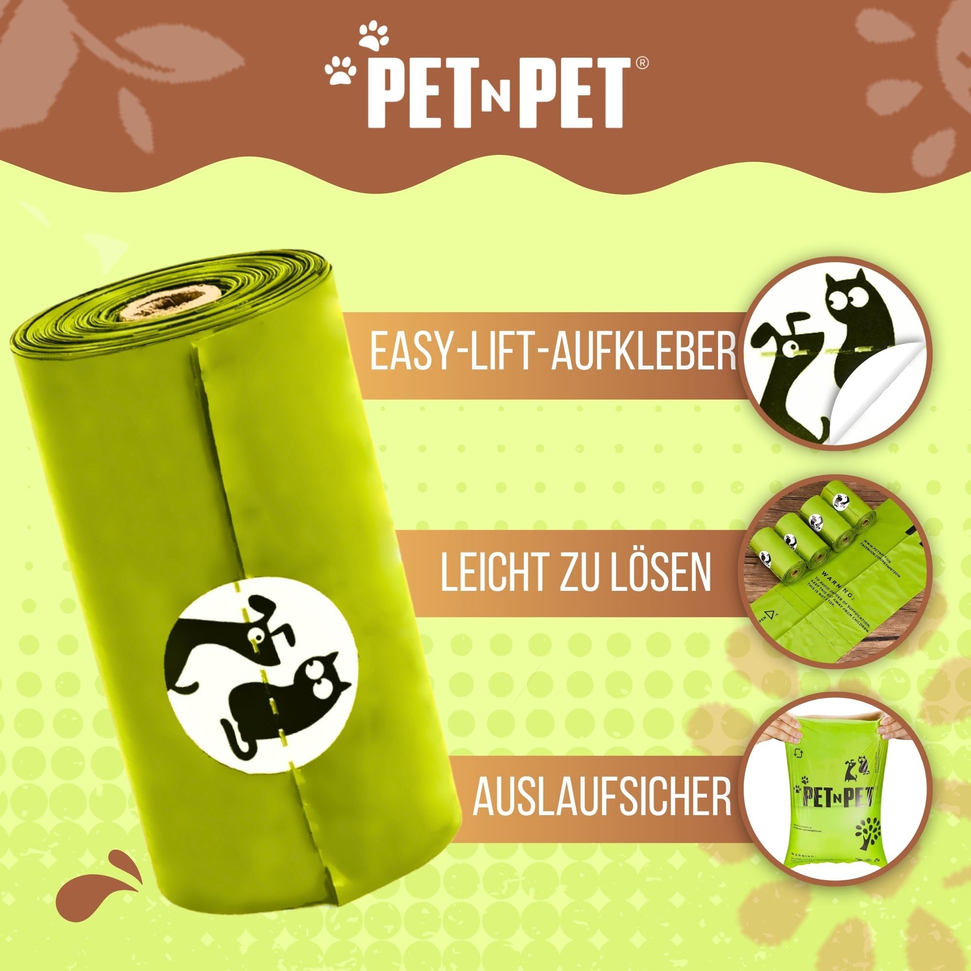 PET N PET Kompostierbare Hundekotbeutel, 240 Stück, 16 Rollen kotbeutel | 100% kompostierbar, Extra reißfest, Auslaufsicher, kotbeutel für hunde & Katzenstreubeutel, Auf Rollen