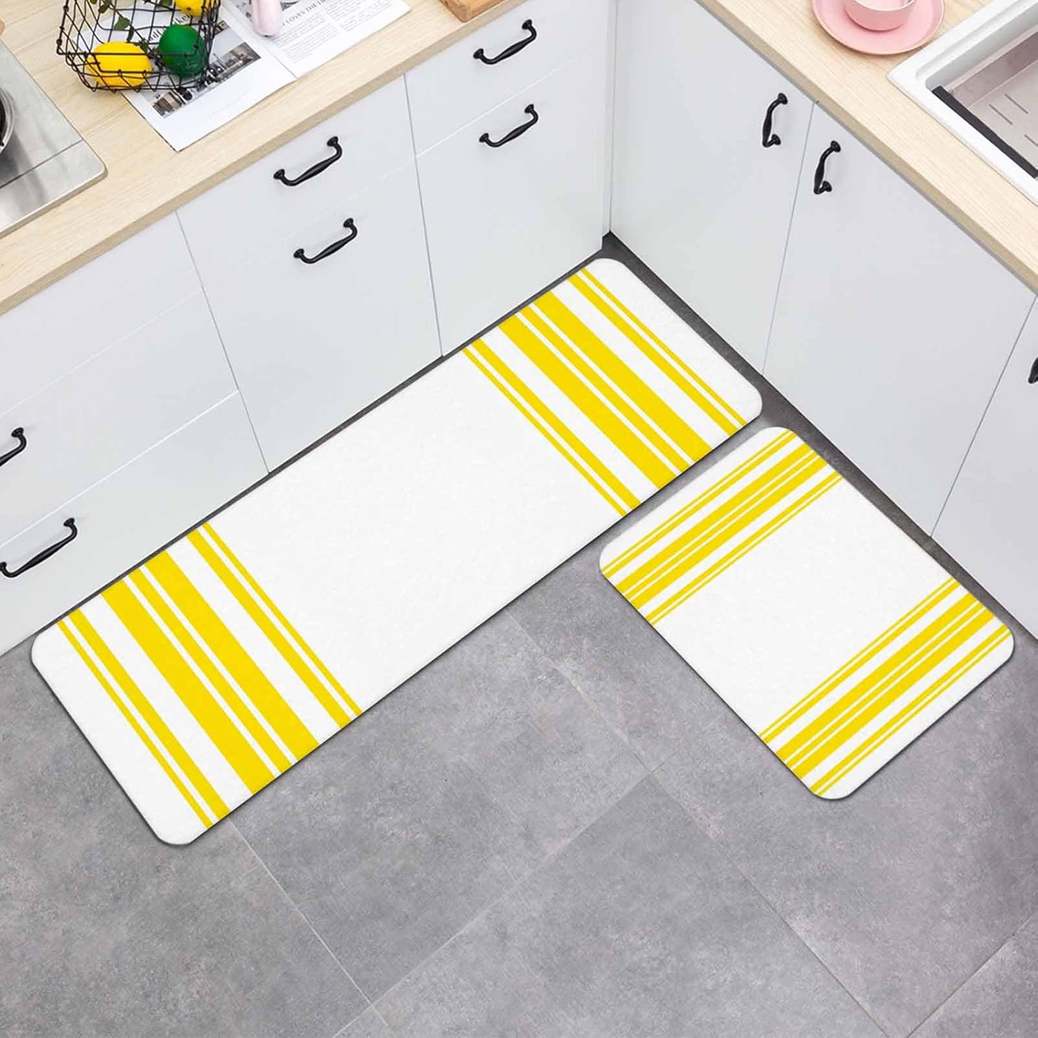 Prime Leader Yellow and White Striped Kitchen Mat Set 2 Pieces Modern Minimalist Vertical Lines Non Slip Kitchen Rugs Washable Runner Rug Mats for Sink Laundry (23.6" x 35.4"+23.6" x 70.9")