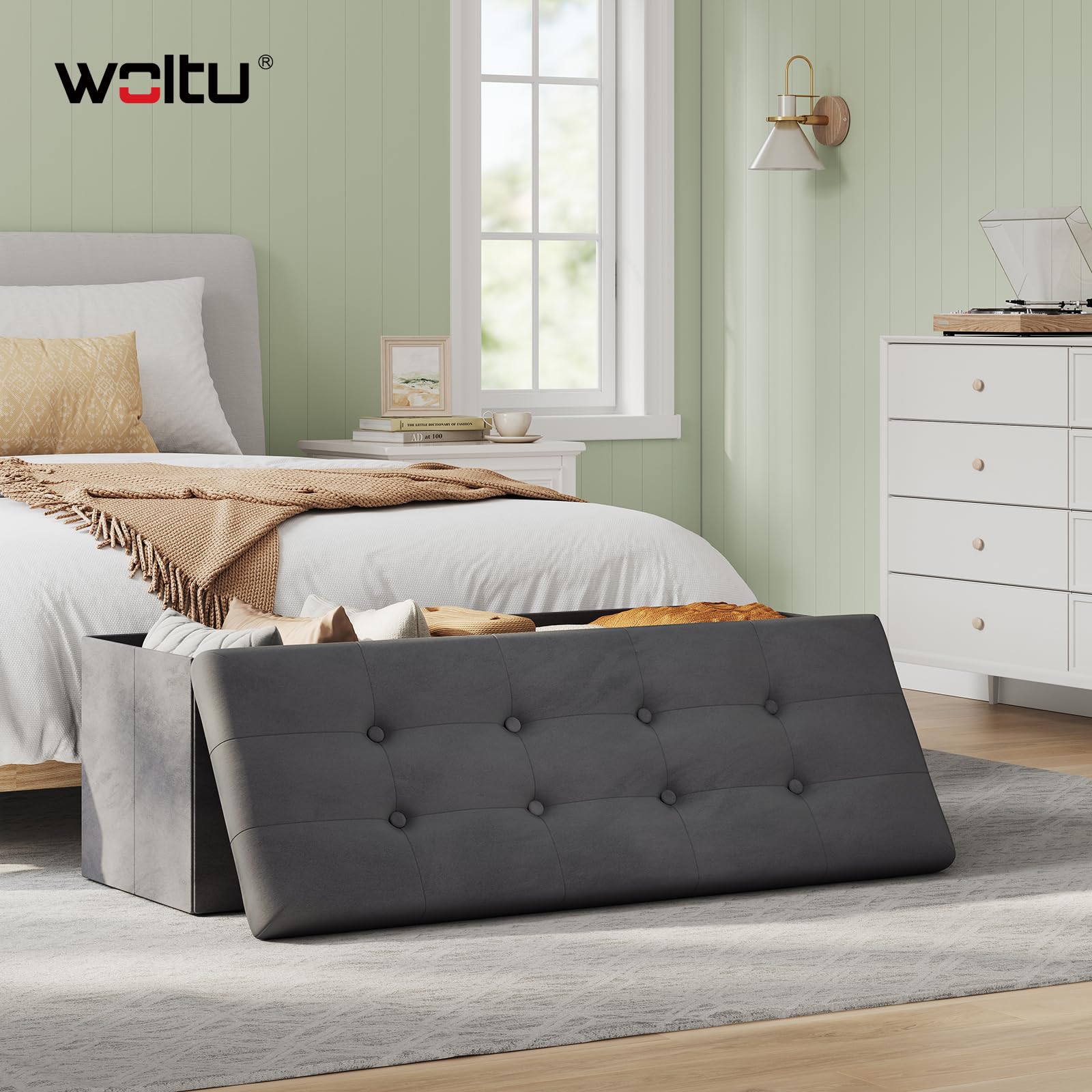 WOLTU Banc de Rangement Pliable, Pouf Tabouret Rembourré de Grande Capacité de 118L, Charger 300KG, 110x37,5x38cm, Gris
