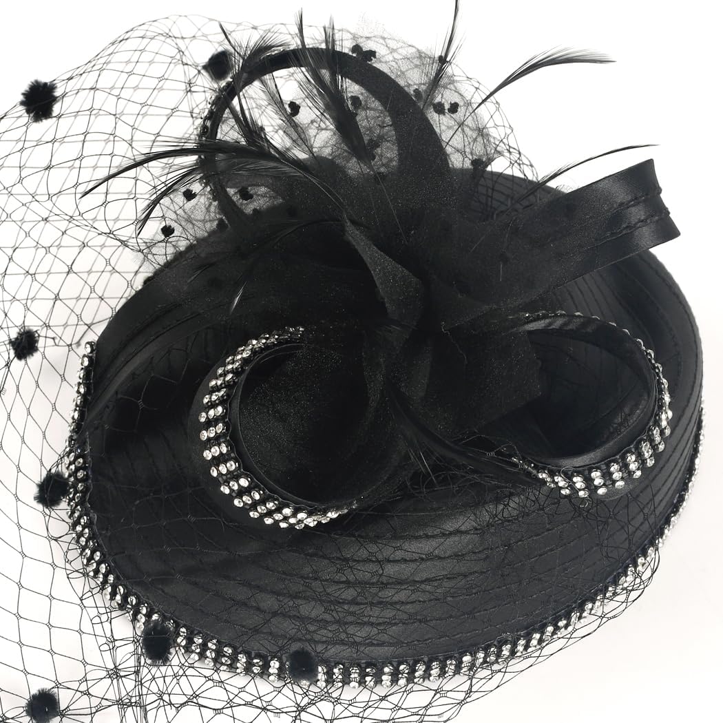 Fascinators Hat for Ladies Church Derby Dress Wedding Hats Veil Feather Cocktail Headband
