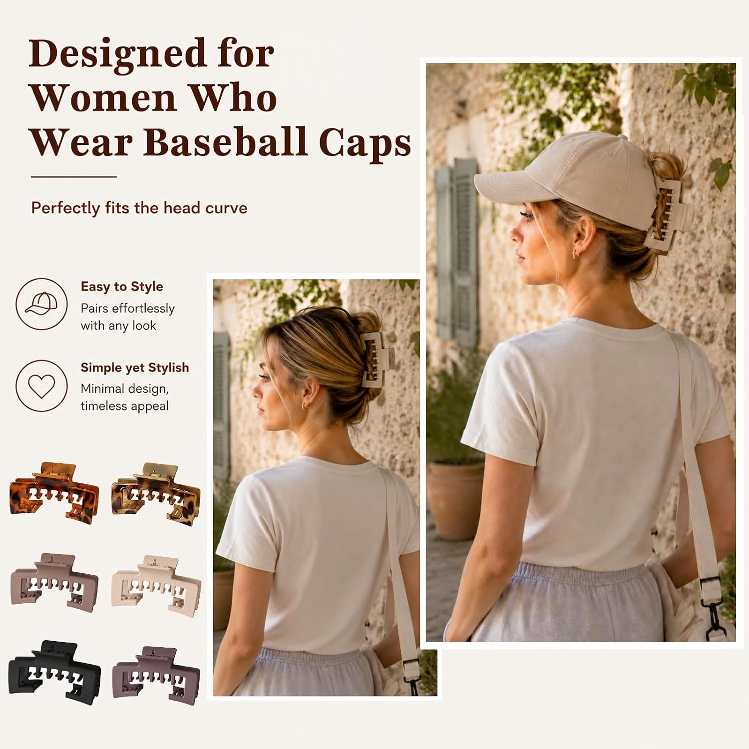 6 Pcs Hat Claw Clips for Women, Adjustable Claw Clips Suitable for Baseball Caps and Trucker Hats, Fit for All Hair Types, Ideal for Daily Wear, Beach, Vacations and Outdoor Activities.