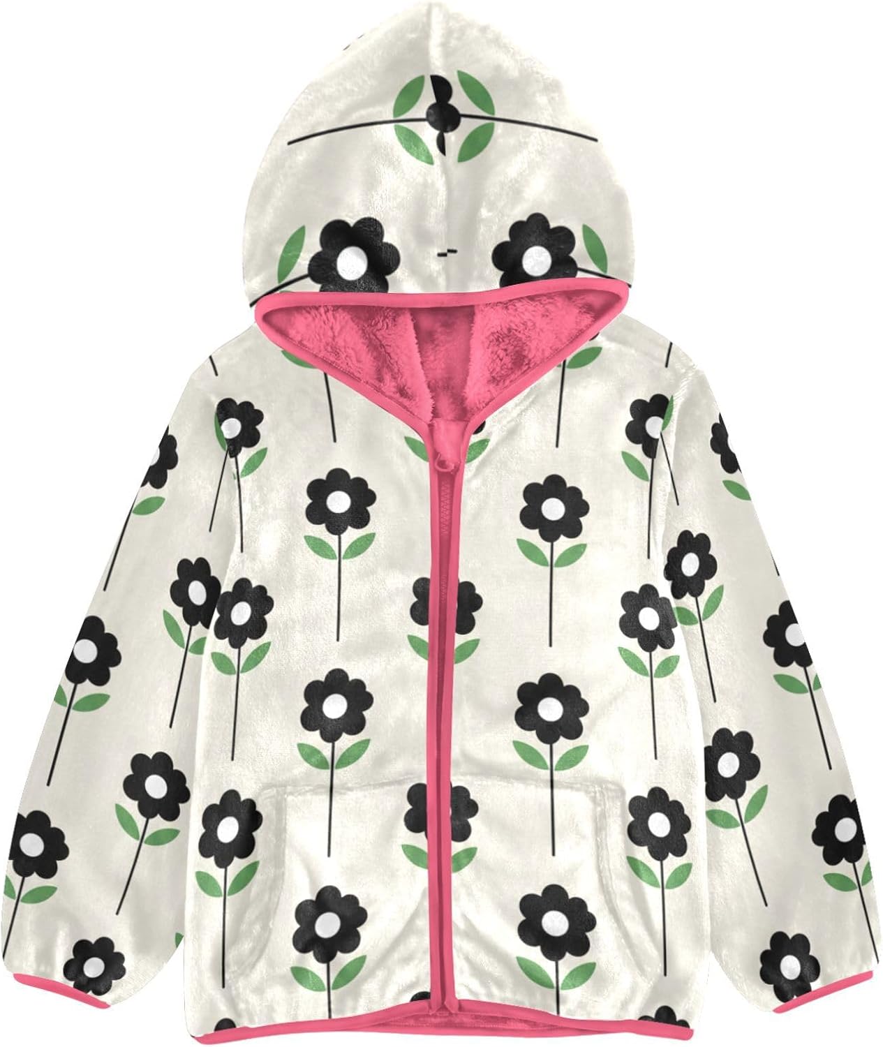 GuoChe Minimalist Black and White Floral Pattern Toddler Fleece Jacket Children's Coat