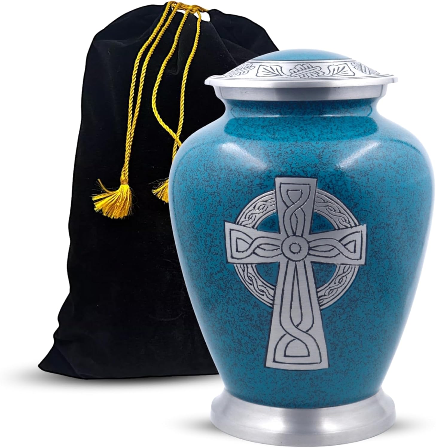 Celtic Cross Heart Engraved Aluminium Cremation Urn for Human Ashes Adult - Handcrafted Funeral Urn for Ashes - Large - Bag Included (7'' x 7'' x 10''- 200 lbs or 91 kg, Matte Grey)