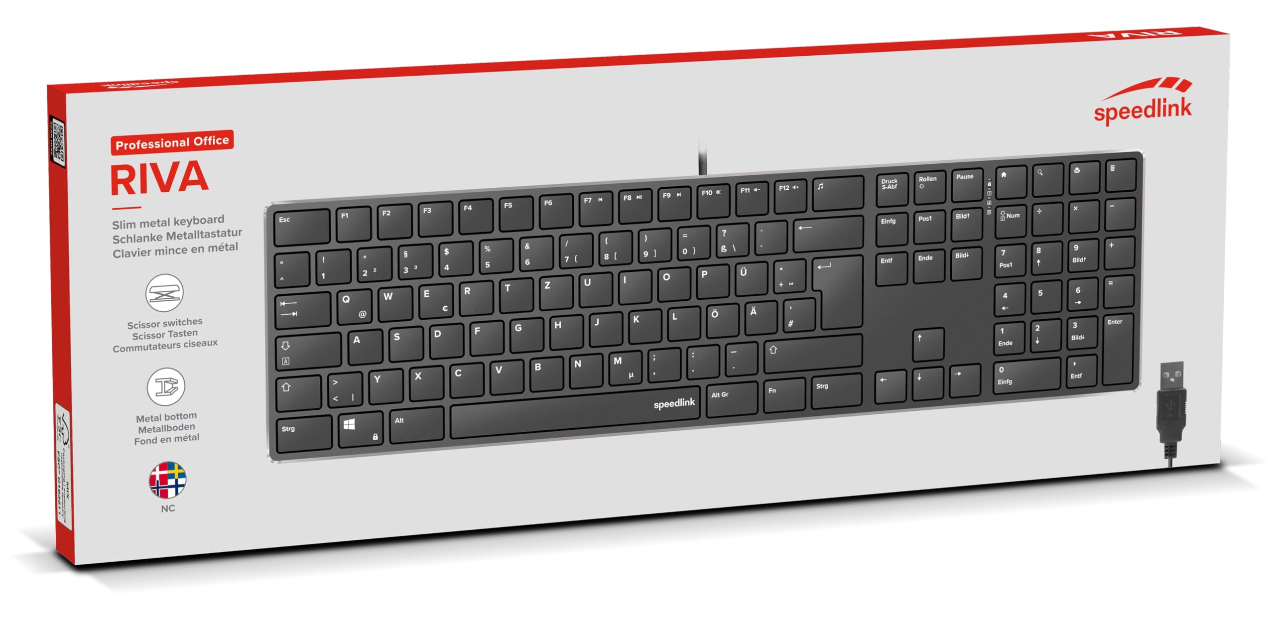 Speedlink Riva Scissor - Elegante alloggiamento in metallo, tastiera silenziosa, tasti piatti, tastiera PC con cavo USB, switch scissor durevoli, cablato, layout scandinavo QWERTY Nordic, nero