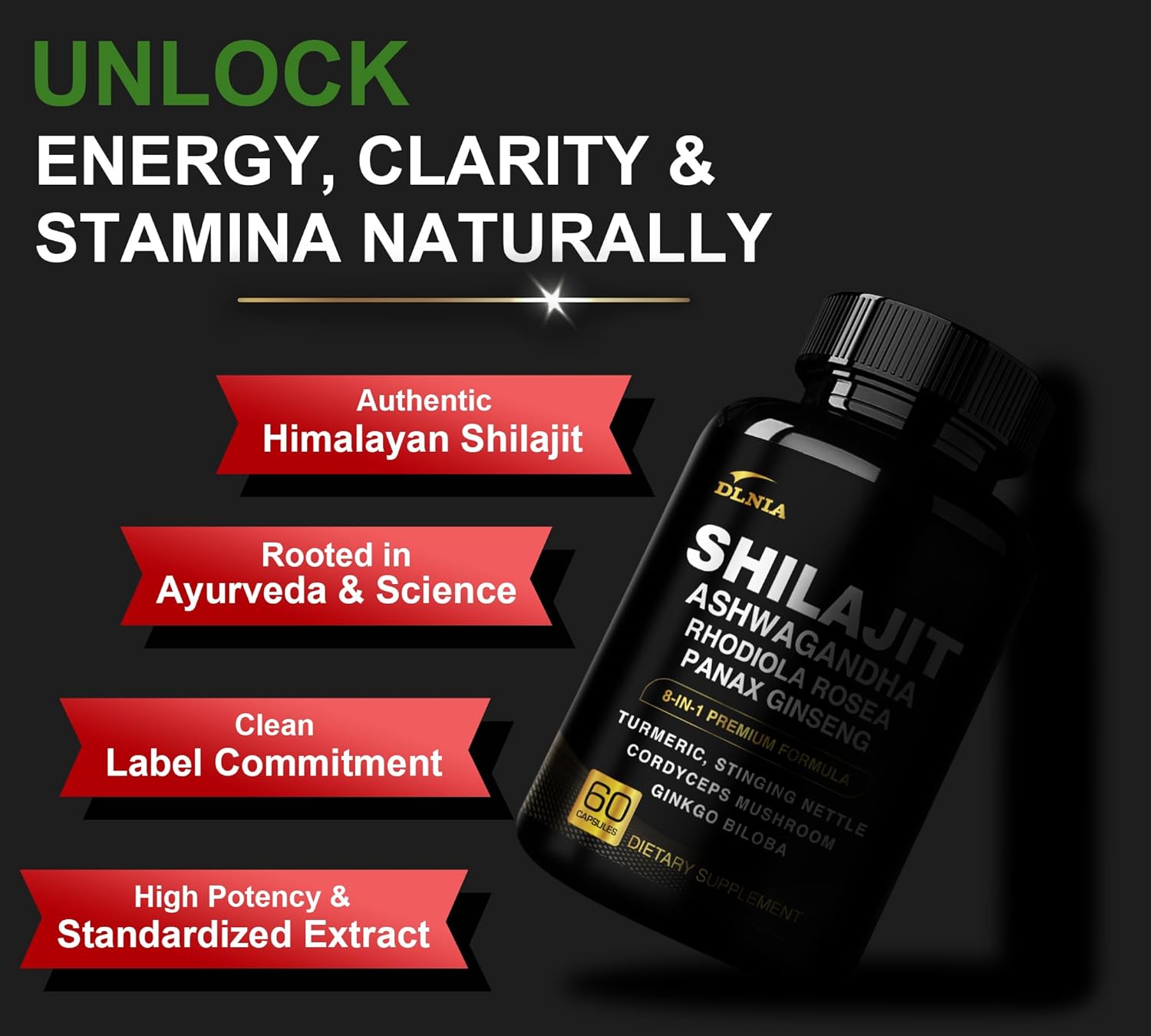 DLNIA 8-in-1 Shilajit for Men & Women with Ashwaganda Himalayan Organic Supplement with Rhodiola Rosea, Ginseng, Turmeric, Mushroom, for Immune Support, Energy, Calm, Focus, Clarity, Sleep, Cortisol