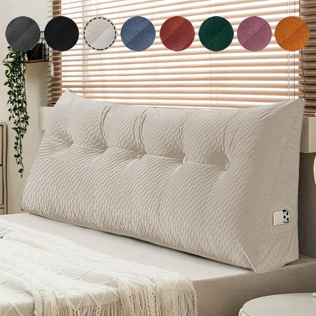 Gradient Velvet Triangular Wedge Pillow, Removable Cover Headboard Pillow for Daybed Bunk Bed, Backrest Positioning Support Pillow Cushion Resting Reading Relaxing (Beige, Full(54*20*8in))