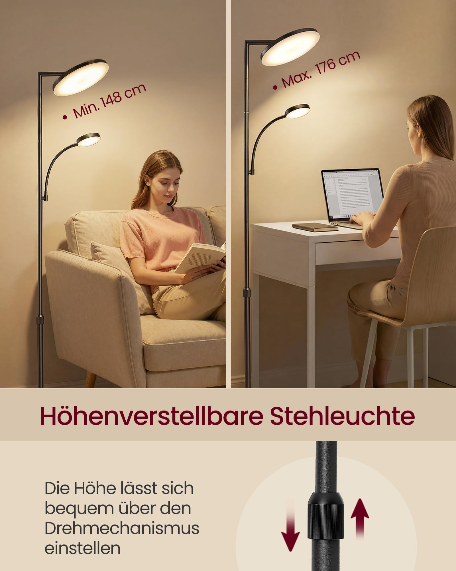 VASAGLE Stehlampe Wohnzimmer, LED-Stehleuchte höhenverstellbar, Standleuchte 42W, drehbarer Lampenkopf, Schlafzimmer, Büro, Leselampe, Timer, Tasten- und Fernbedienung, mattschwarz LFL028BD02