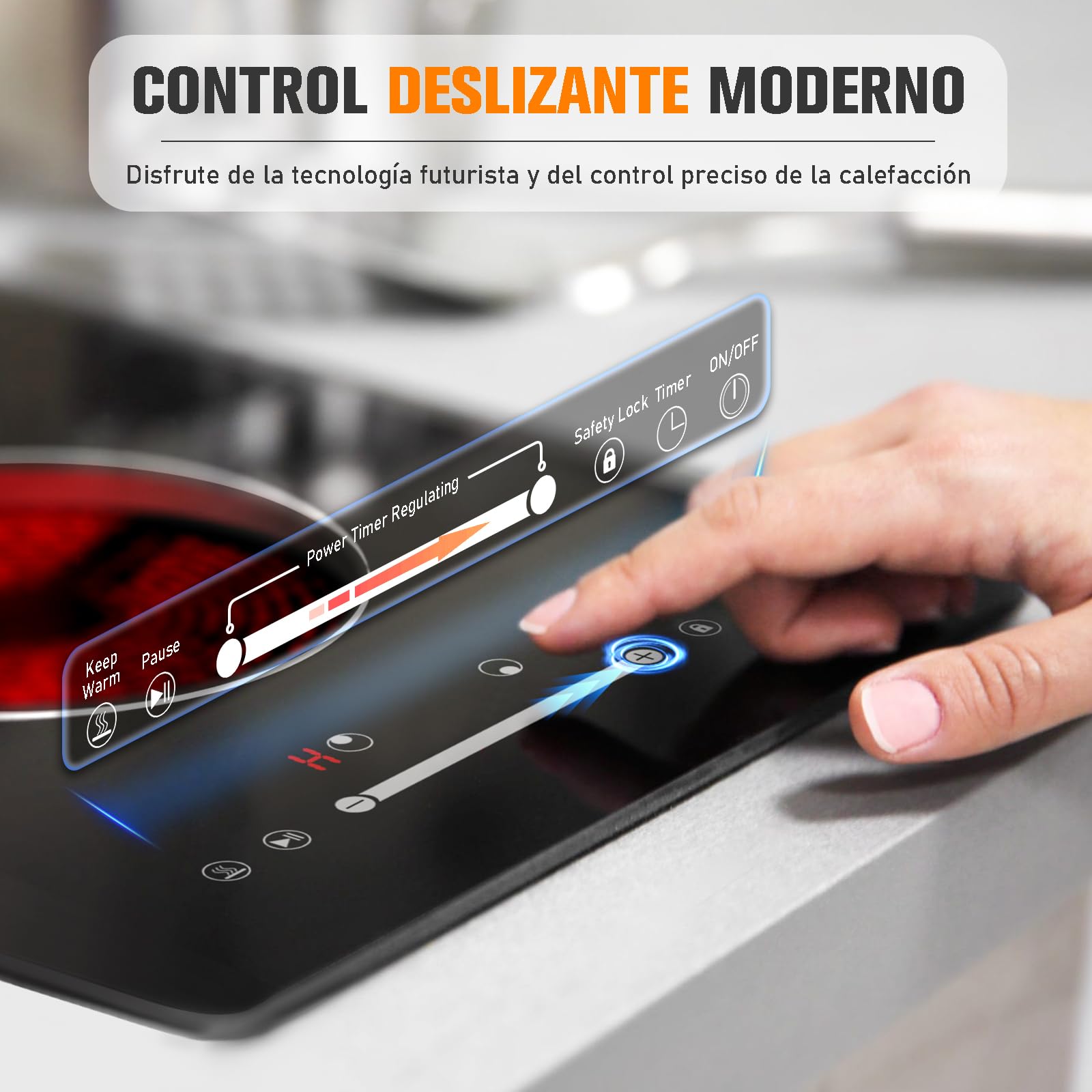 Placa Vitroceramica 2 Fuegos 30cm, 3000W Placas Cocina Construido con Enchufe, Placa Vitrocerámica con 9 Posiciones de Calor, Bloqueo de Seguridad, Cronómetro, Mandos Táctiles