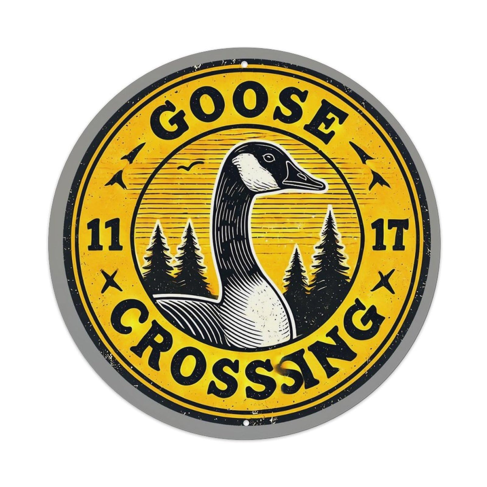 Goose Crossing Forest Scene Emblem Vintage Round Tin Sign Retro Metal Wall Decor Metal Poster, Home Bar Garage Cafe Wall Art Decoration 8x8Inches