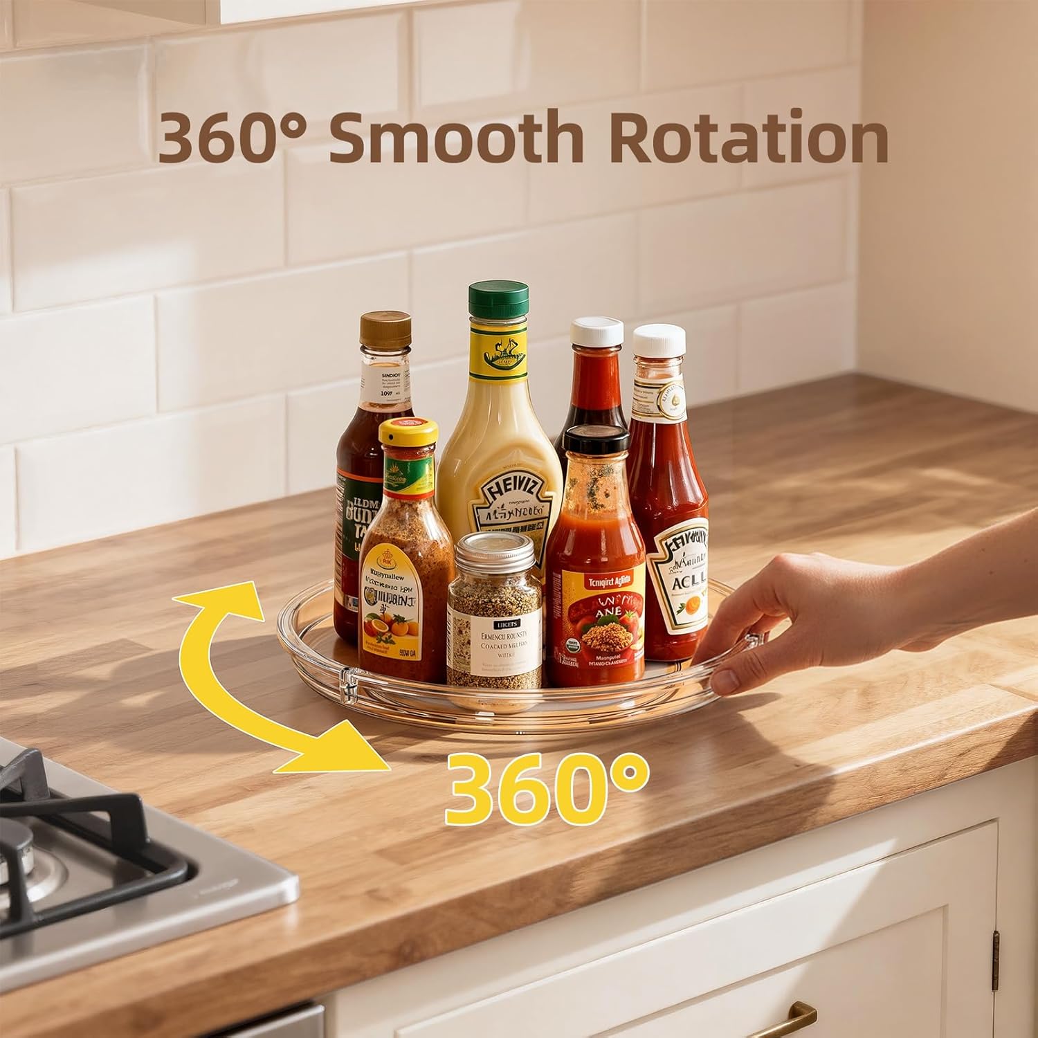 LAMU 10.2'' Wood Lazy Susan Turntable and 2 Pack Clear Lazy Susan Organizer