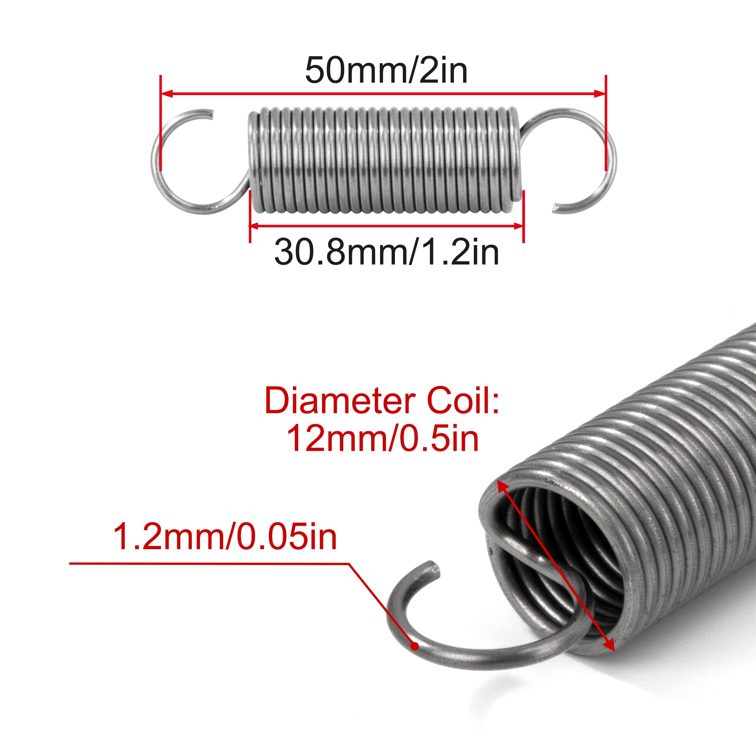Sprężyny naciągowe z hakiem stal szlachetna sprężyna naciągowa 50 mm średnica zewnętrzna 12 mm średnica drutu 1,2 mm maksymalna siła ciągnąca 3,2 kg 1,2 x 12 x 50 mm 4 sztuki