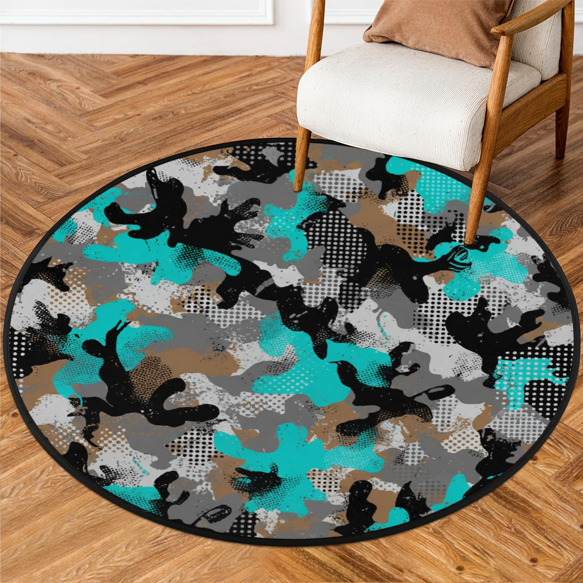 Tapis rond lavable camouflage 160 cm pour salon et chambre