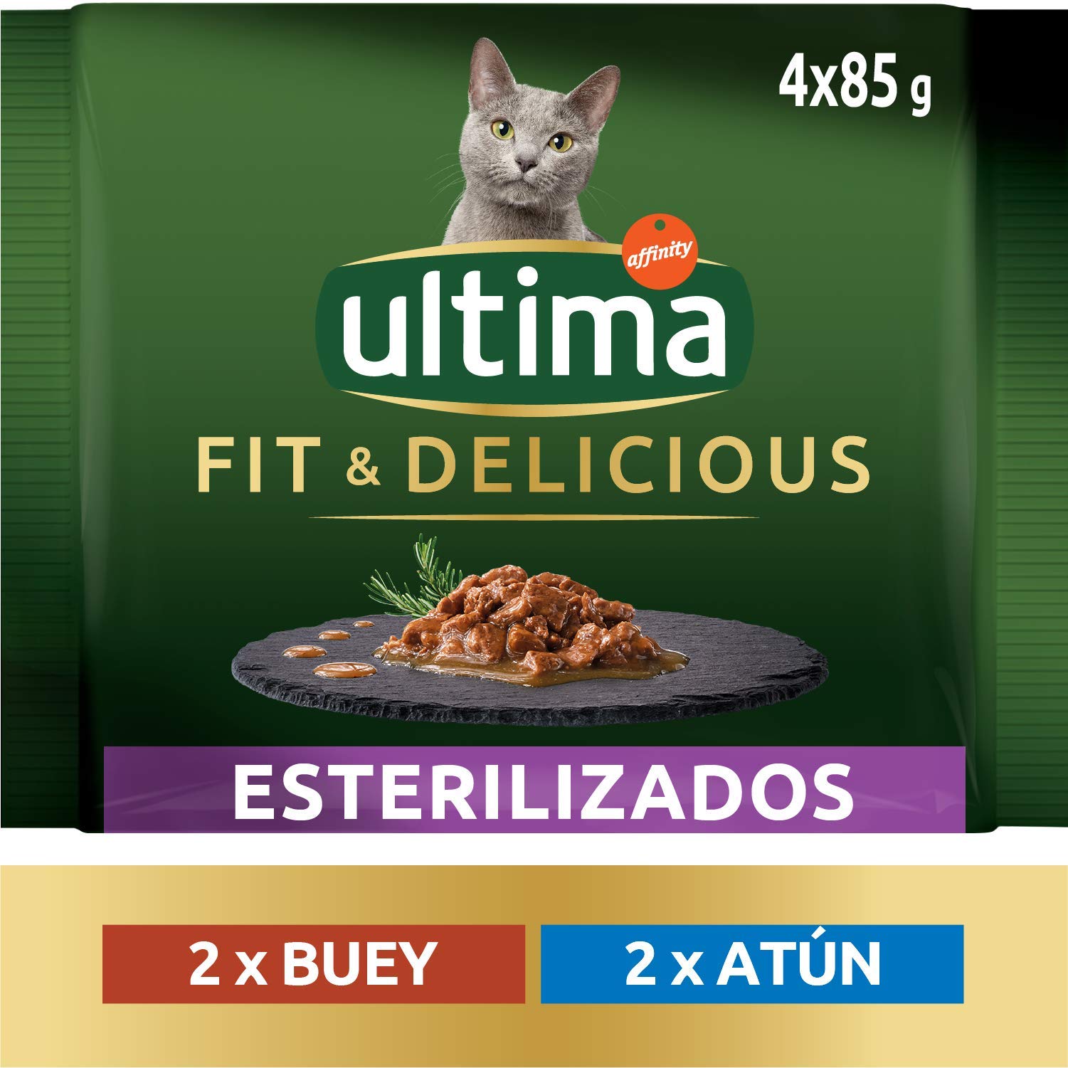 Ultima Comida Húmeda para Gatos con Pollo y Salmón, 4 x 85 gr x 12 (4.08 kg) & Comida Húmeda para Gatos con Buey y Atún, 12 x (4 x 85 gr), 4080g