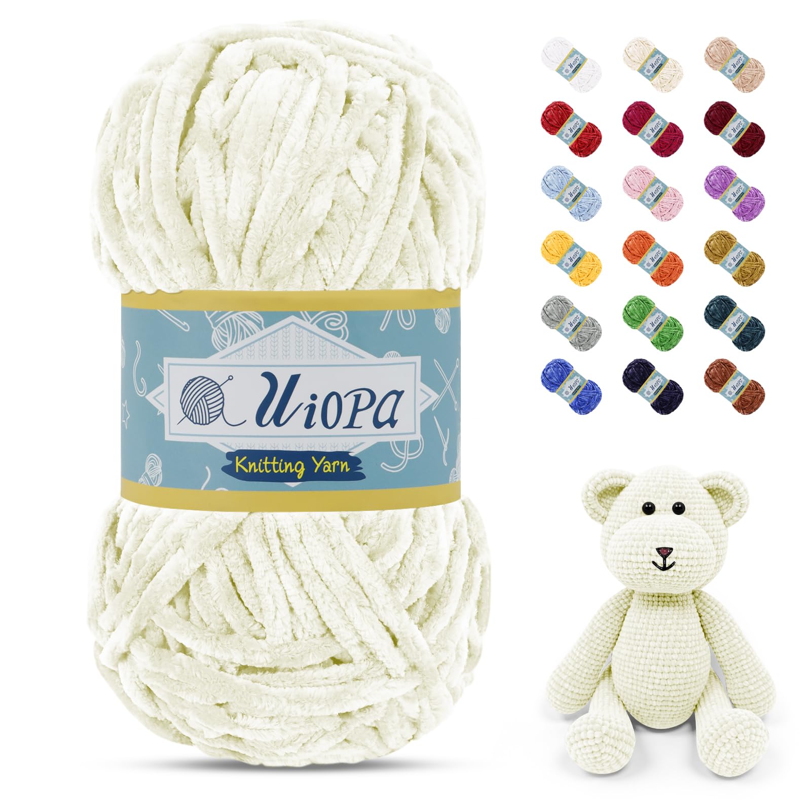 Uiopa 100g/80m Chunky Chenille Yarn, Plush Velvet Yarn Thick Chenille Wool, Cream White Fluffy Crochet Chunky Wool for Amigurumi Blankets Clothes DIY Crafts