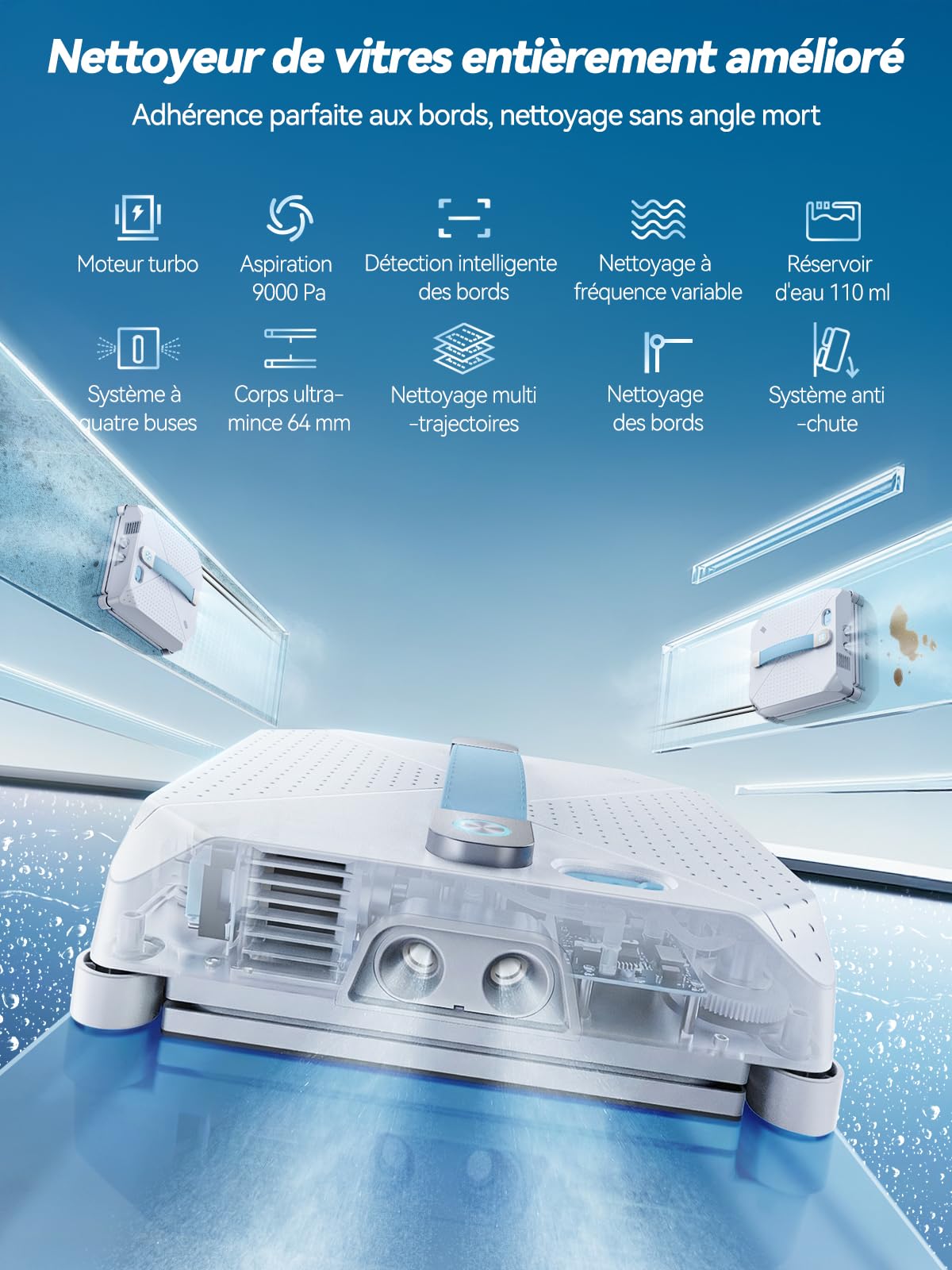 Keero Robot Laveur de Vitre Automatique, 9000Pa Lave Vitre Électrique avec Système 4 Buses, Détection Intelligente des Bords, 4 Modes de Nettoyage, Moteur Turbine, Robot Nettoyeur Vitre