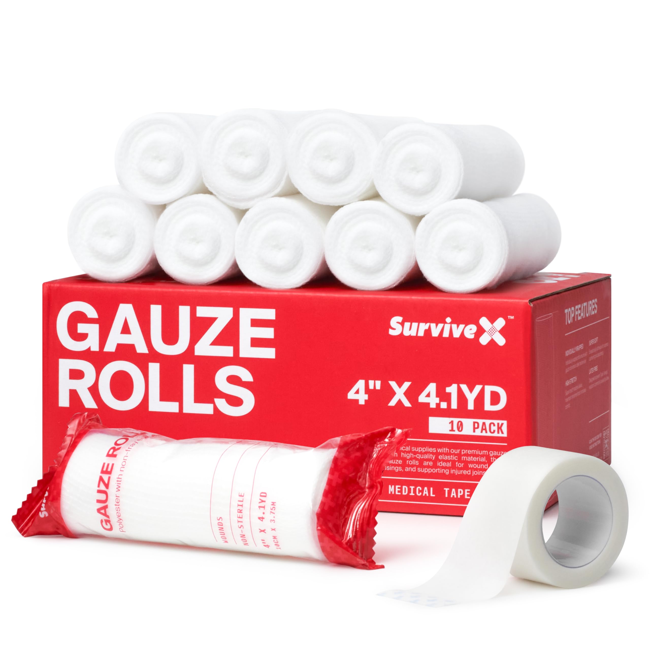SurviveX Premium Gauze Rolls - Stretch Rolled Wrap for Wounds - Conforming Bandages - 4 inch x 4.1 yds - FSA HSA Approved - 10 Pack