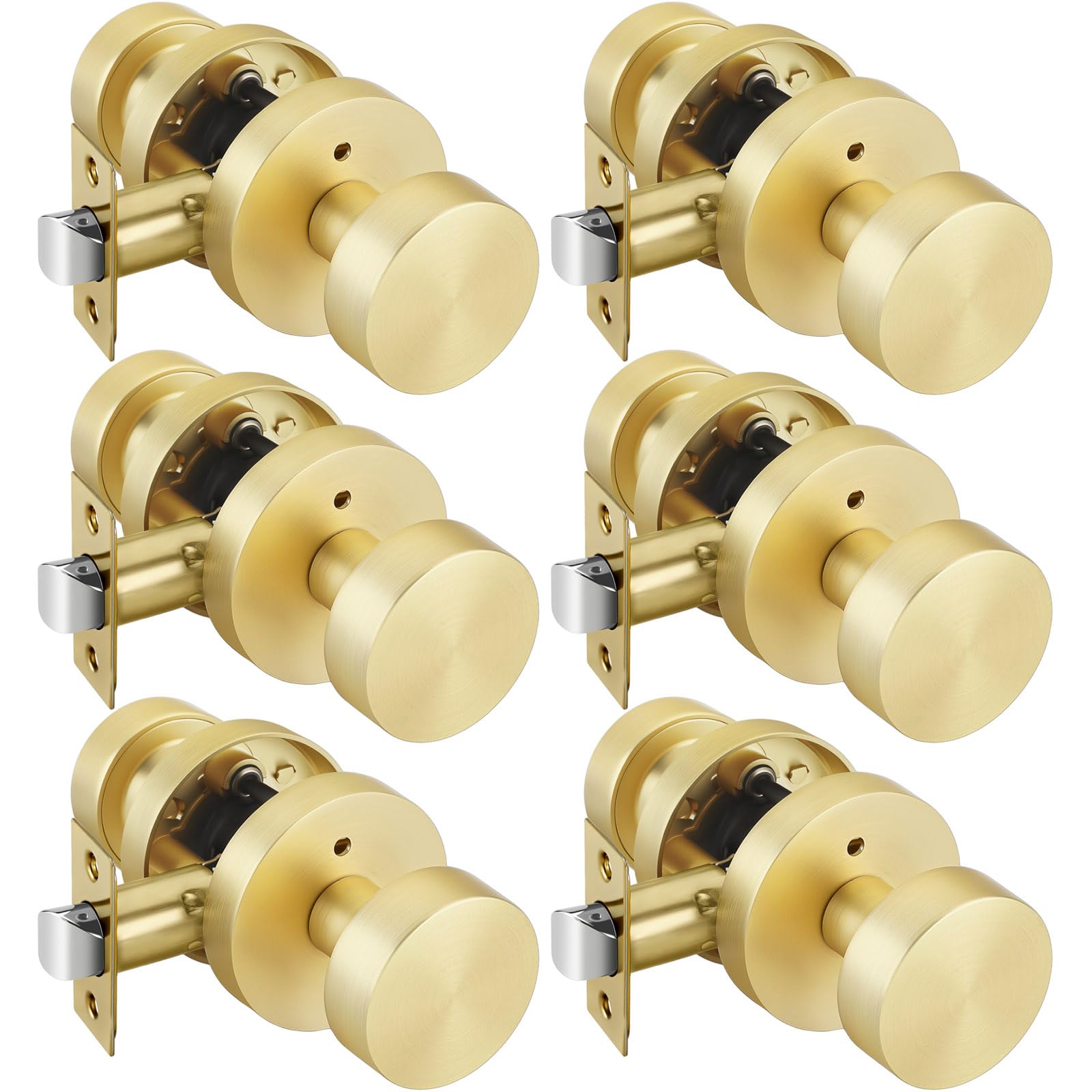 Goldenwarm Gold Door Knobs Interior Privacy, Zinc Alloy Keyless Brushed Gold Door Knobs for Bedroom Bathroom, Heavy Duty Interior Door Knob - Adjustable &amp; Reversible (6 Pack)