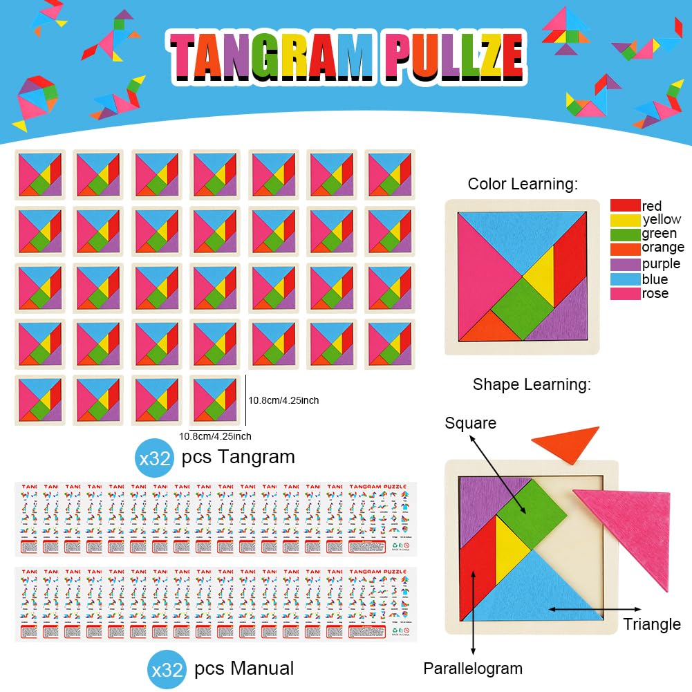 Ainiv Set di 32 Gioco Tangram in Legno, Tangram Gadget, Compleanno Regalini, Giocattoli Educativi Tipo Montessori Compleanno Puzzle, Bomboniere Natalizie per Bambini e Bambine