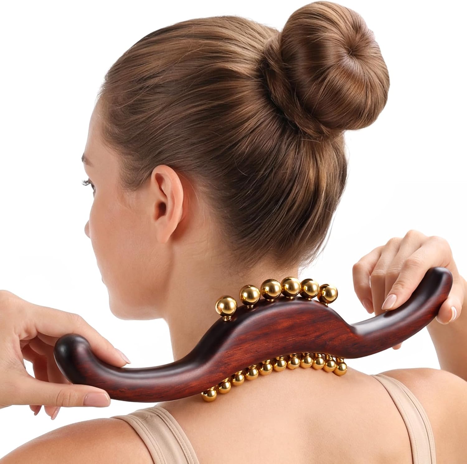 ONUEMP Sandalwood Gua Sha Muscle Knot Scraper with 17 Fascia Brass Beads
