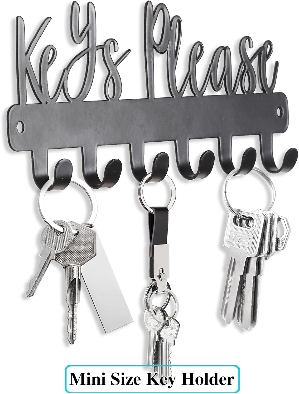 Keys Please Key Holder Wall Mounted,Mini Size:7.28x2.95inch | Black Metal Decorative Rack Hooks for Garage,Mudroom,Hallway,Entryway,Front Door,Office