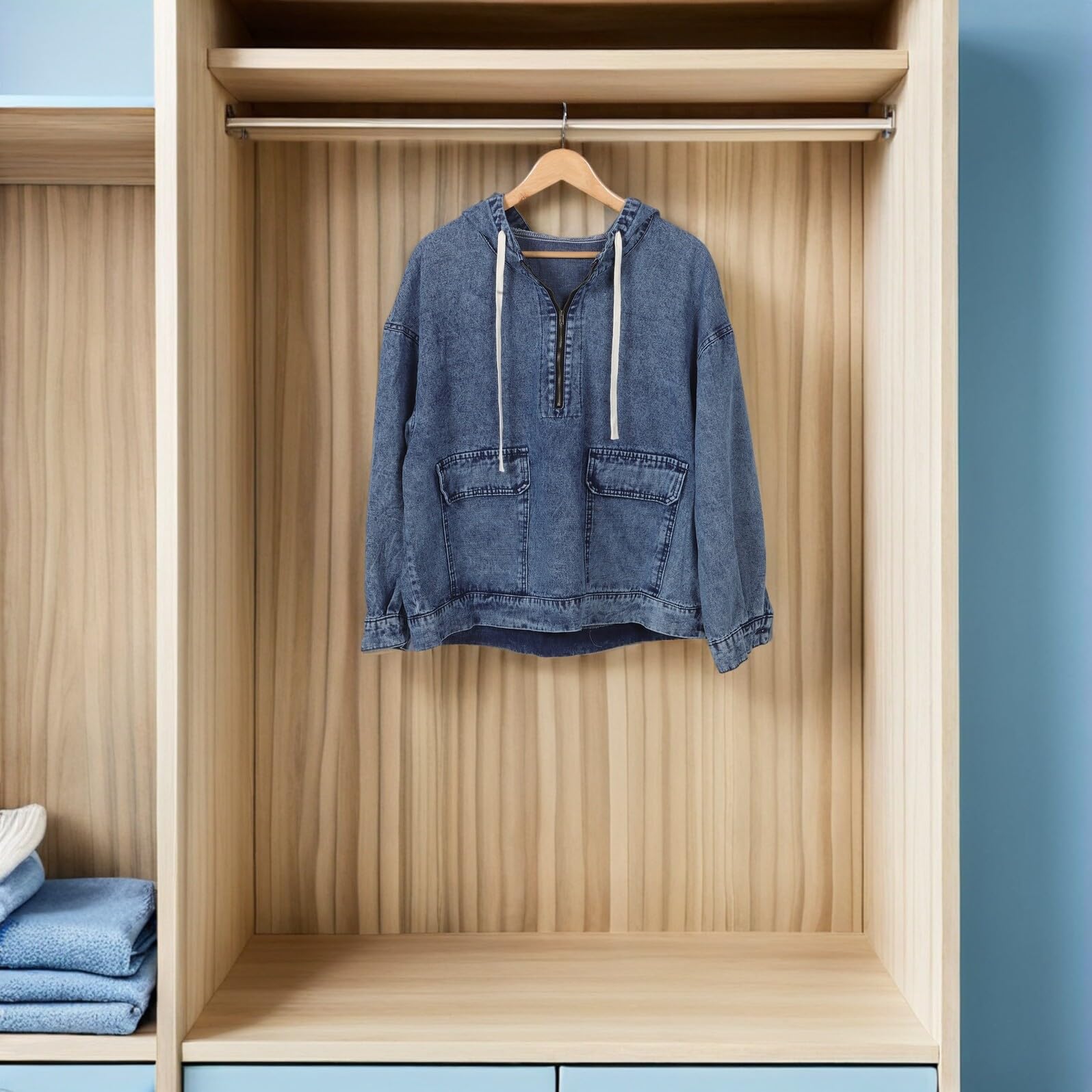 Mipcase Sudadera Vaquera con Capucha de Mezclilla Estilo Oversize para Mujer con Bolsillos Manga Larga Casual Urbano