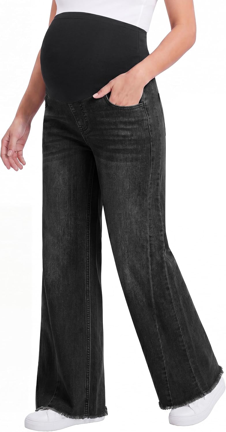 Foucome Maternity Jeans Wide Leg Raw Hem Denim Pants | Over Belly, Soft & Stretchy Fabric, Side Seam, Loose Fit, Basic Five Pockets, Trendy Baggy Jeans