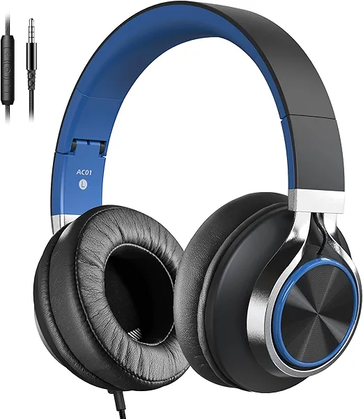 COOSII AC01 Over-Ear Headphones Wired, Passive Noise Isolating Corded Stereo Headsets with Mic Volume Control for Adults Teens 3.5mm for Chromebooks, Laptop, Computer, Tablets, Travel (Black Blue)