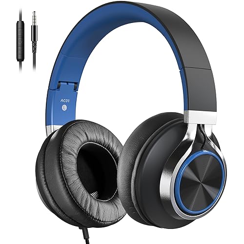 COOSII AC01 Over-Ear Headphones Wired, Passive Noise Isolating Corded Stereo Headsets with Mic Volume Control for Adults Teens 3.5mm for Chromebooks, Laptop, Computer, Tablets, Travel (Black Blue)