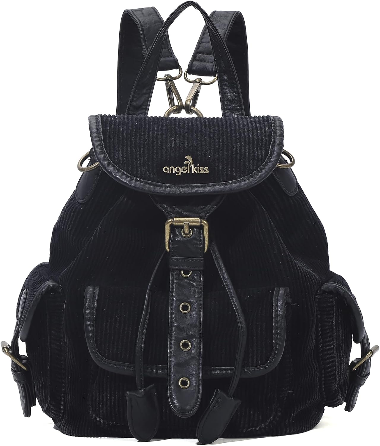 Angel Kiss Small Corduroy Backpack Purse for Women, 3-in-1 Convertible Shoulder Bag with Detachable Straps, Vintage Multi-Pocket Mini Daypack with Vegan Leather Trim for Travel & Everyday
