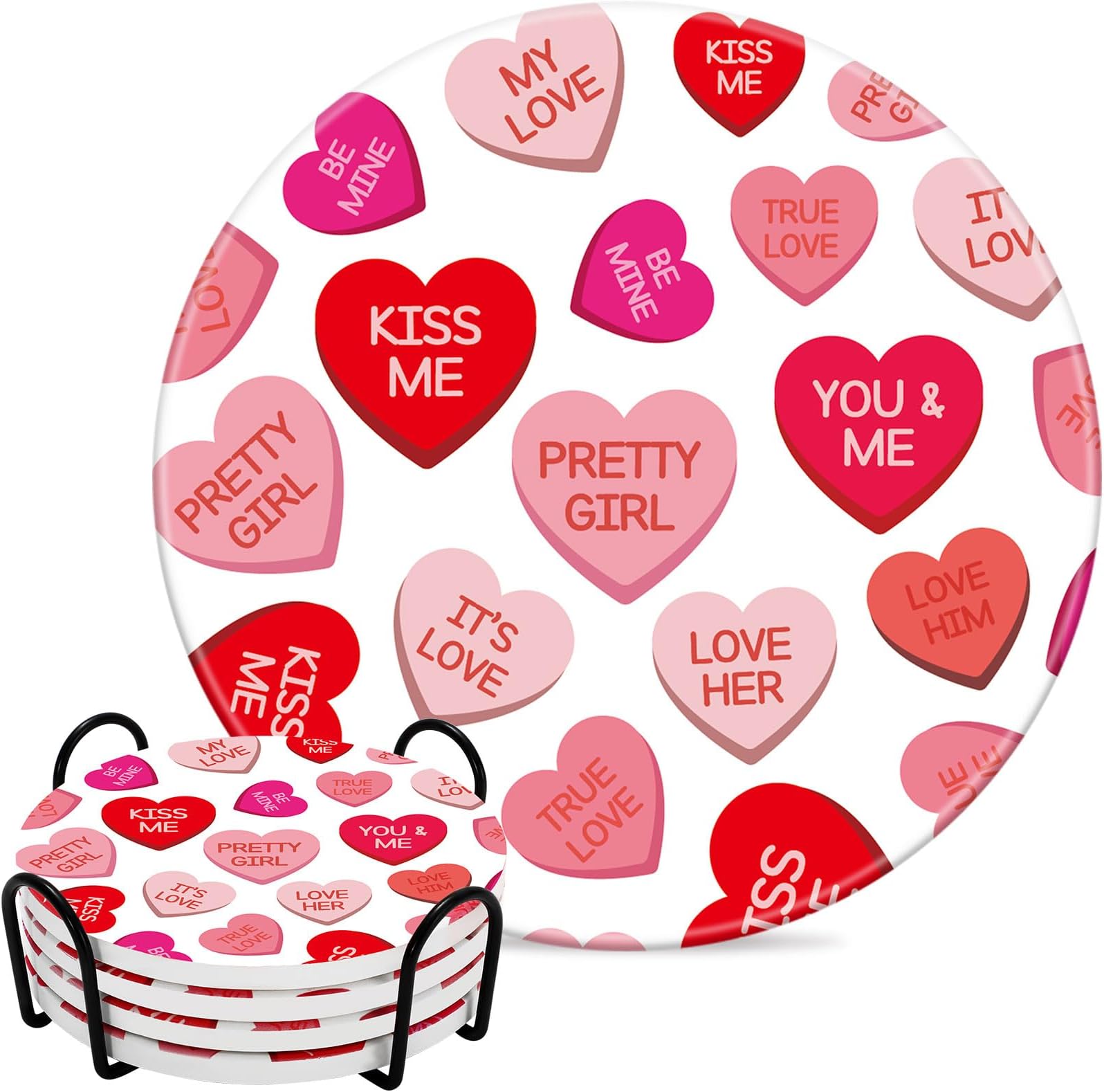Whaline 4Pcs Valentine's Day Absorbent Ceramic Coaster with Holder Conversation Heart Cup Mat Red Pink Quick Drying Coaster with Cork Base for Home Kitchen Drink Supplies, 4 in