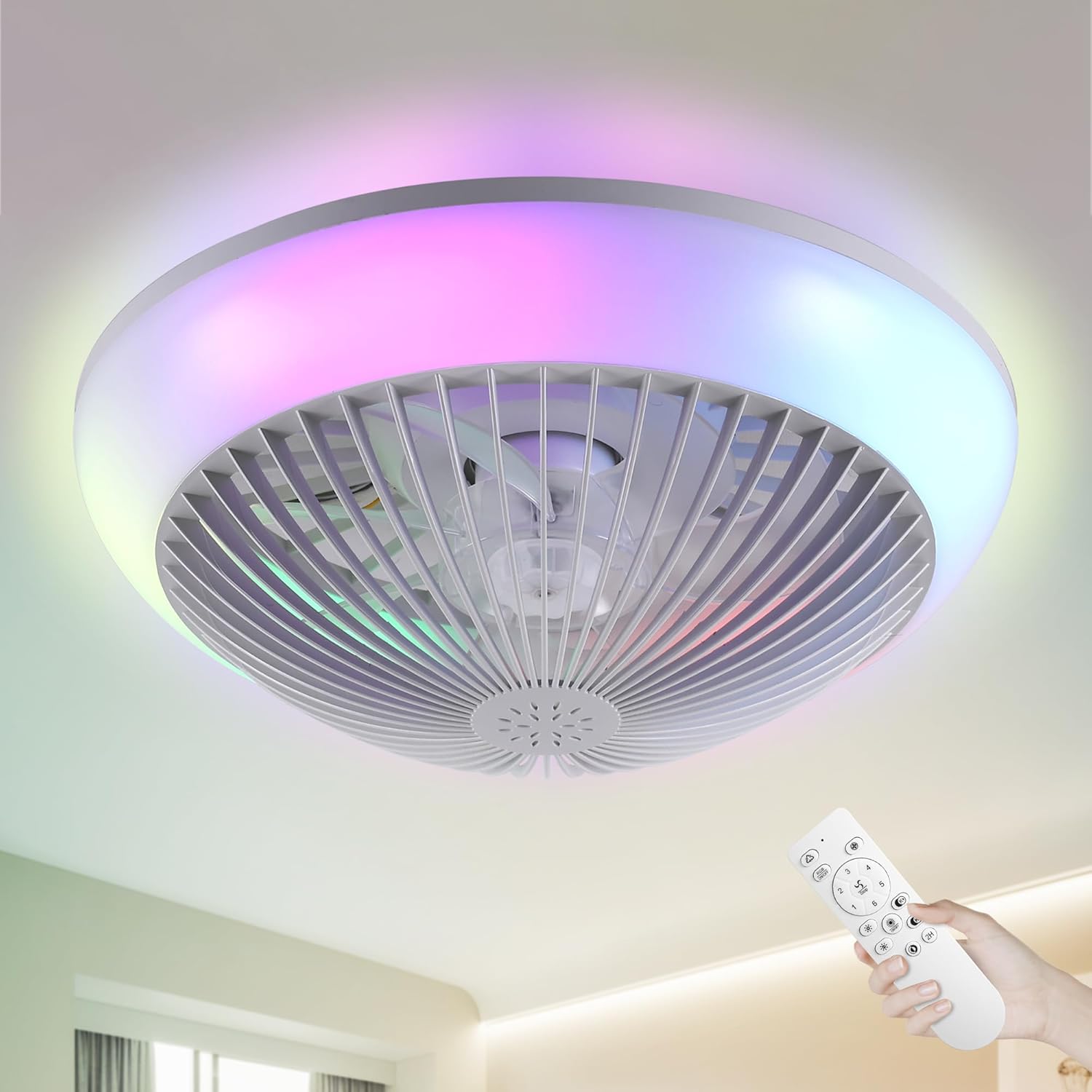 REDSTAR 16" RGB Dimmable Led Ceiling Fan, Enclosed Ceiling Fan with Light, Modern Bladeless Led-RGB Ambient Light for Bedroom Kids Room Party