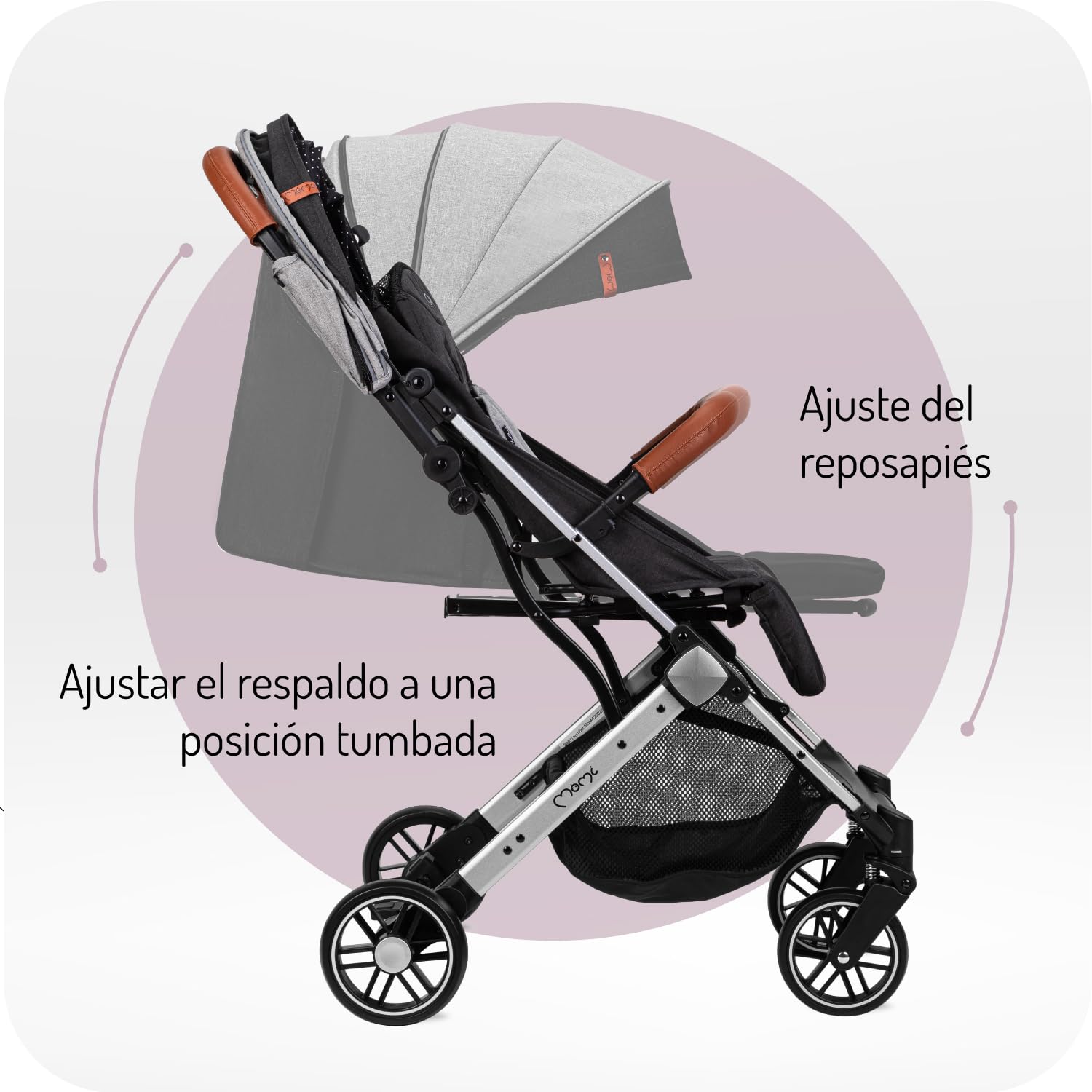 MoMi ESTELLE a partir de los 6 meses (hasta 15 kg), silla de paseo plegable con arnés de 5 puntos, cesta de la compra, barra telescópica, se mantiene de pie plegada