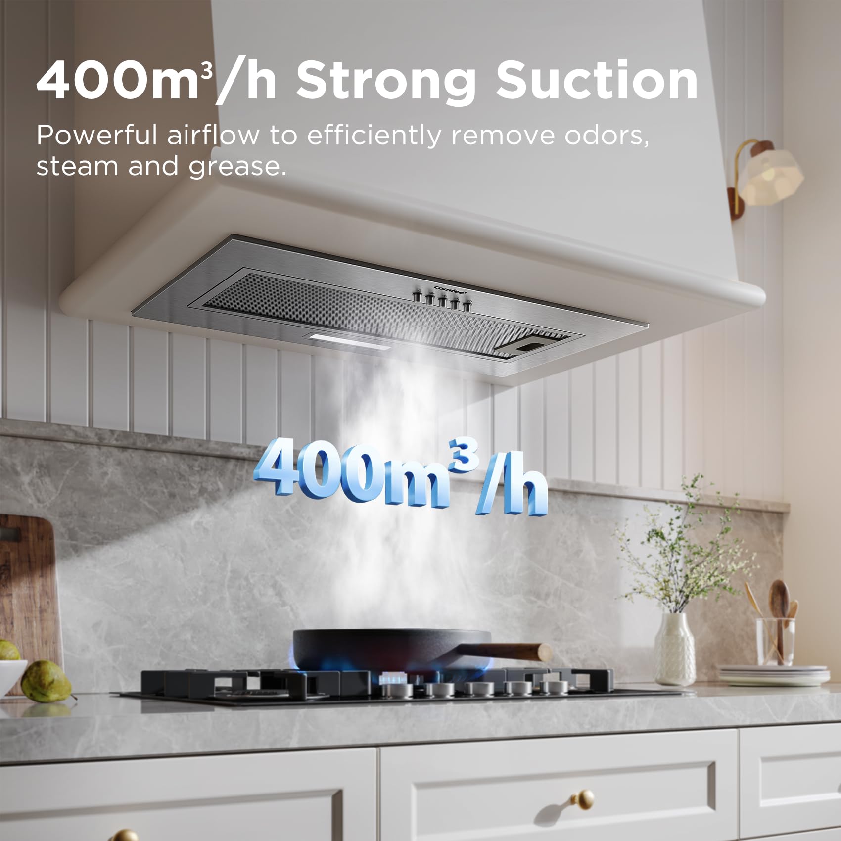 COMFEE' Integrated Cooker Hood CHL17EM21I, 52cm Stainless Steel Built-in Extractor Fan Kitchen, 400m³/h Powerful Extraction, 3 Speed Settings, LED Lighting, Easy Clean Filters — view 4