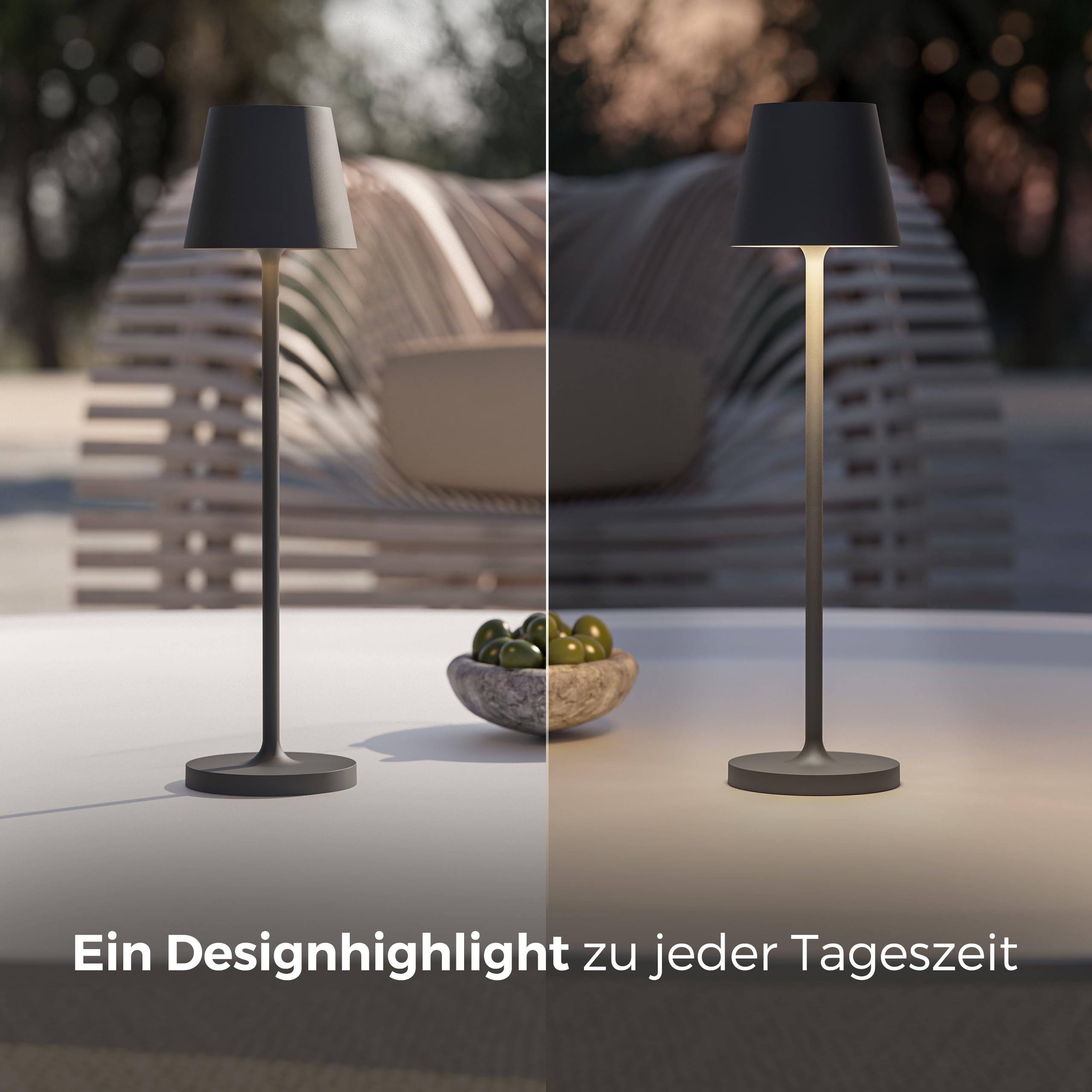 NEONA Tischlampe kabellos dimmbar - 2200mA Akku LED Tischleuchte mit Touch & Ladestation - IP54 Indoor & Outdoor geeignet - Nova Leuchte warmweiß 2700K -leichte & hochwertige Beleuchtung (anthrazit)