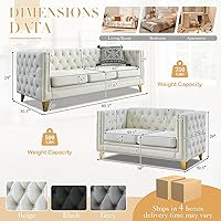 Vista 2 de JEEOHEY Juego de Sofás Chesterfield de 2, Sofá Moderno de Terciopelo con Capitoné y Ribete de Tachuelas, Sofá Tapizado de Asiento Profundo, Sofá