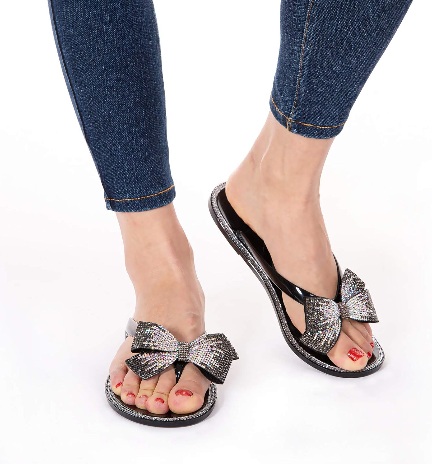 Mtzyoa Women Flip-Flops Flat Sandals Jelly Bow Beach Flat Rivets Rain Cute Dressy Summer Sandals - Image 4