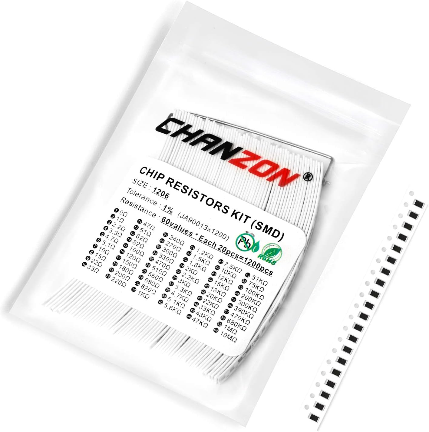 1200pcs 1206 SMD Resistor Kit 0-10M Ω ohm 60 Values (Each Value 20pcs) 1/4W 0.25W ±1% Tolerance Thick Film 0-10MR SMT Chip Resistors Rohs Certificated