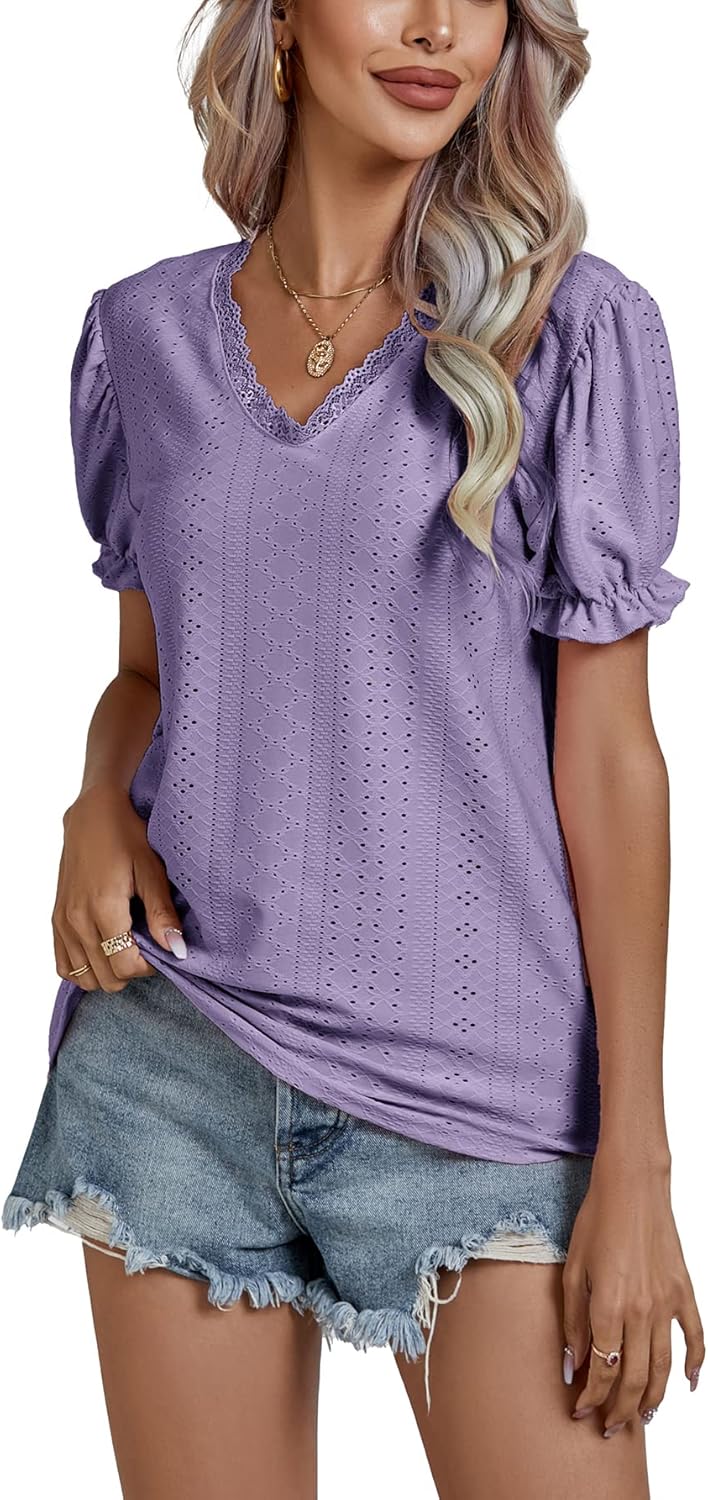 LYANER Women's Casual Puff Short Sleeve Lace Trim Eyelet V Neck Shirt Blouse Tunic Top - Image 5