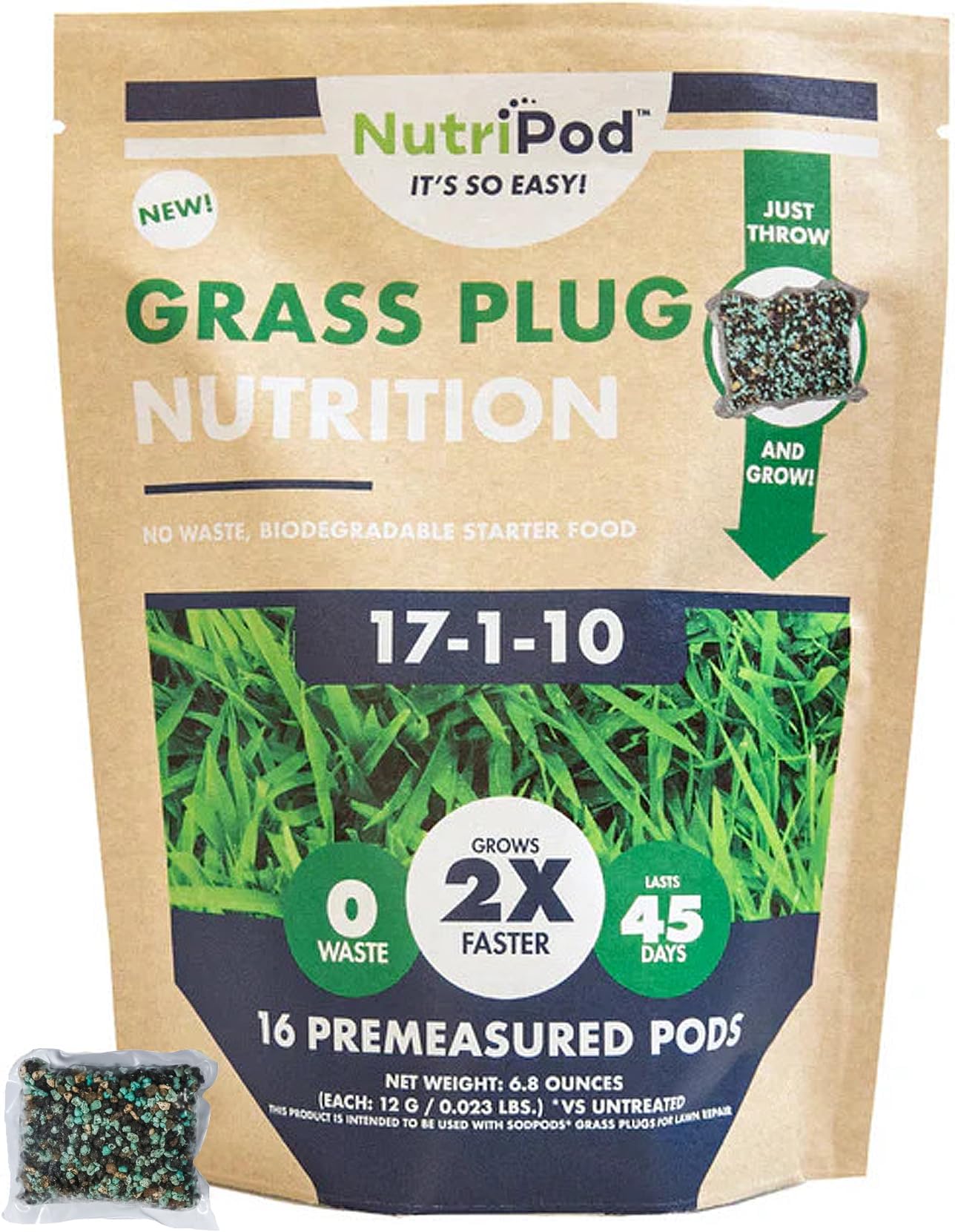 NutriPod for Grass Plugs, Grass Plug Fertilizer, Planting Starter Pods, Premeasured Biodegradable Nutrition, 2X Faster Root Growth & Lawn Coverage, Easy to Use Lawn Starter Food, 16-Pack