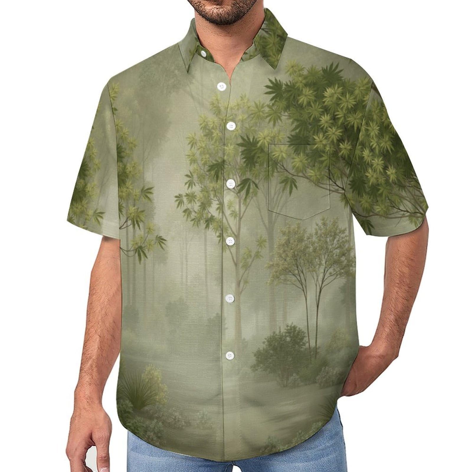 Camicia da Uomo Button Down con Stampa Arte Paesaggistica, Foresta Nebbiosa Camicia Hawaiana Casual a Maniche Corte Camicie da Spiaggia Camicie da Vacanza