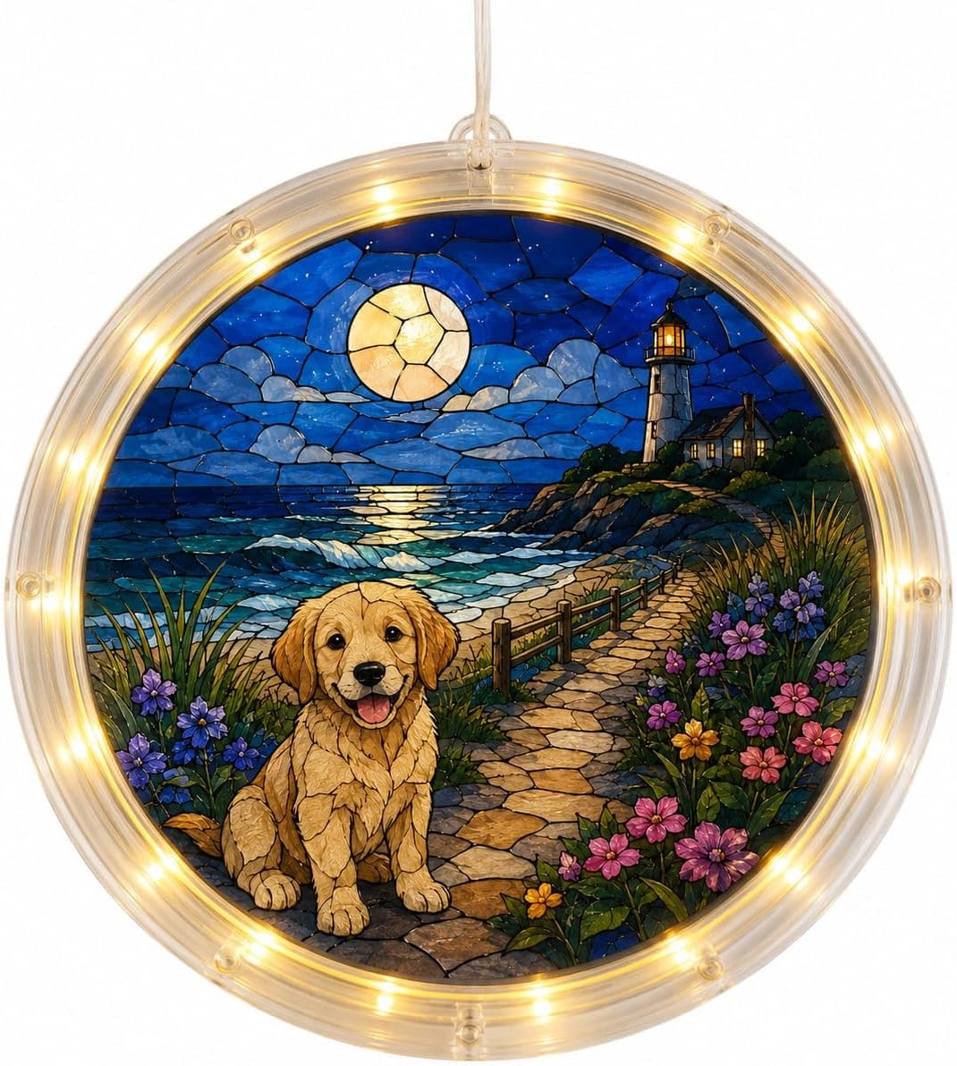 Puppy Moonlit Circle Acrylic LED Hanging Light Lamp for Window Winter