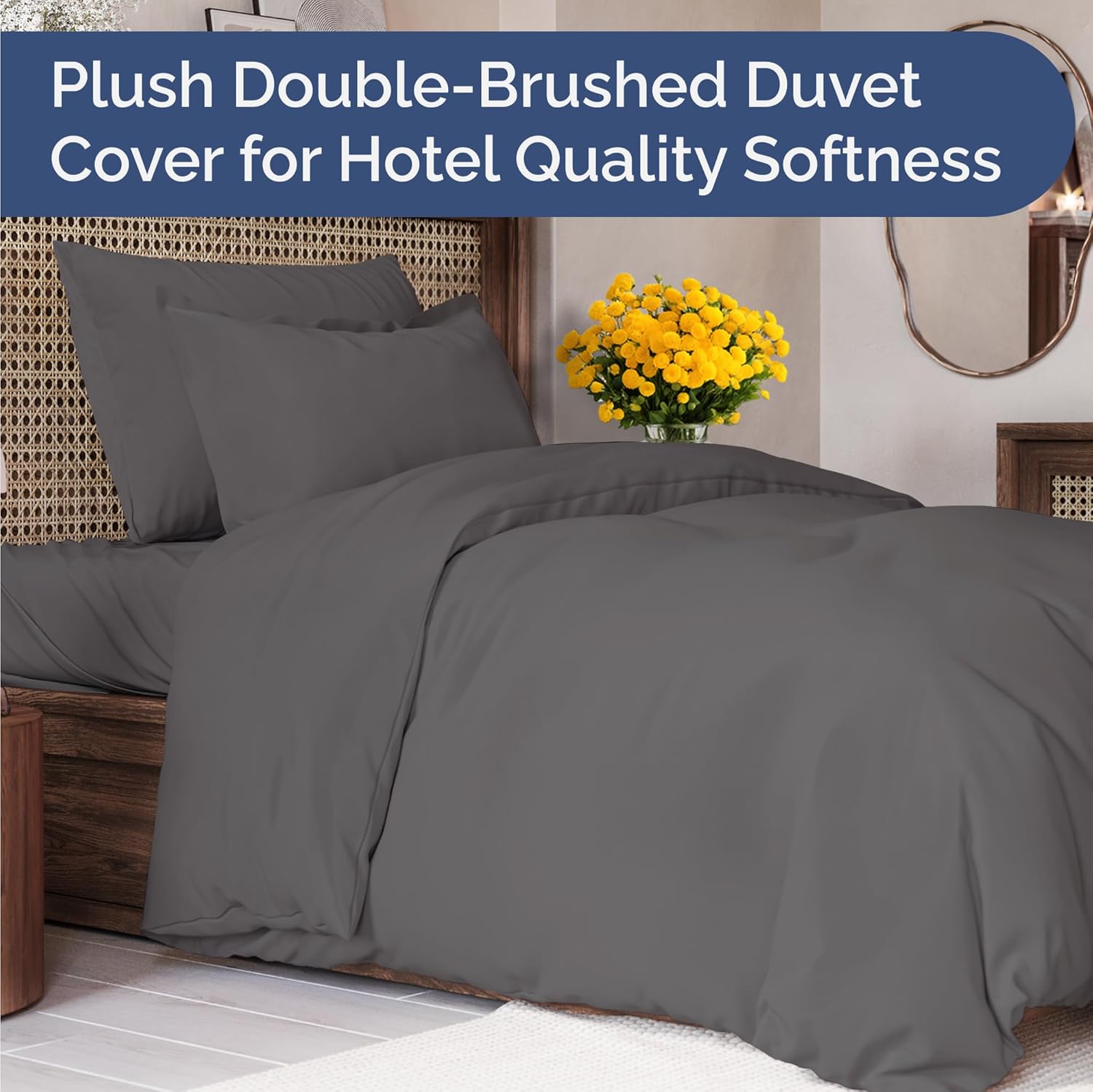 Wrap Around Dust Ruffle Bed Skirt & Comforter + Duvet Cover Bundle - Dark Grey - for Twin Size Beds w/ 12 Inch Drop - Elastic Strap - Adjustable Pleated Bedskirt Fabric - for Women, Men, Kids & Teens